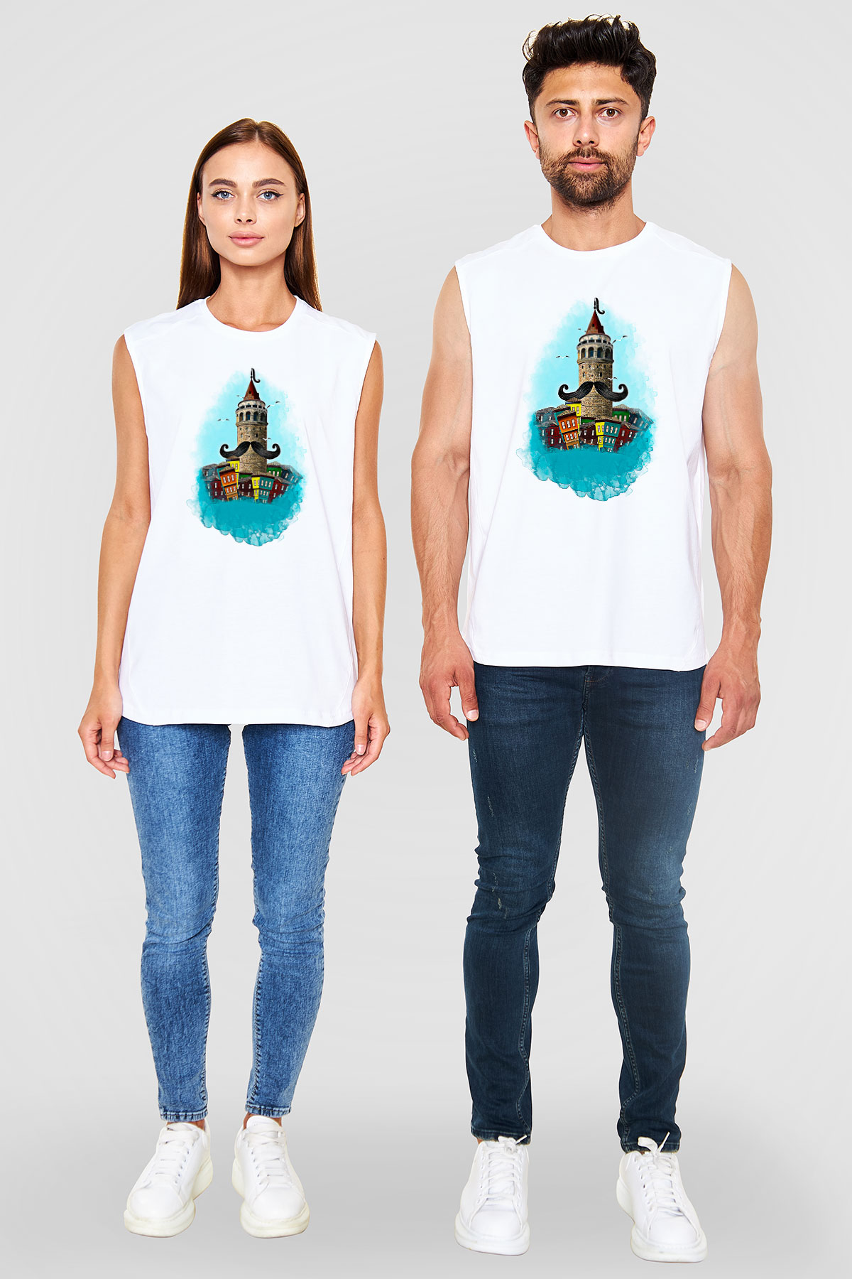 Galata Kulesi Baskılı Beyaz Unisex Kolsuz Tişört - Tshirt