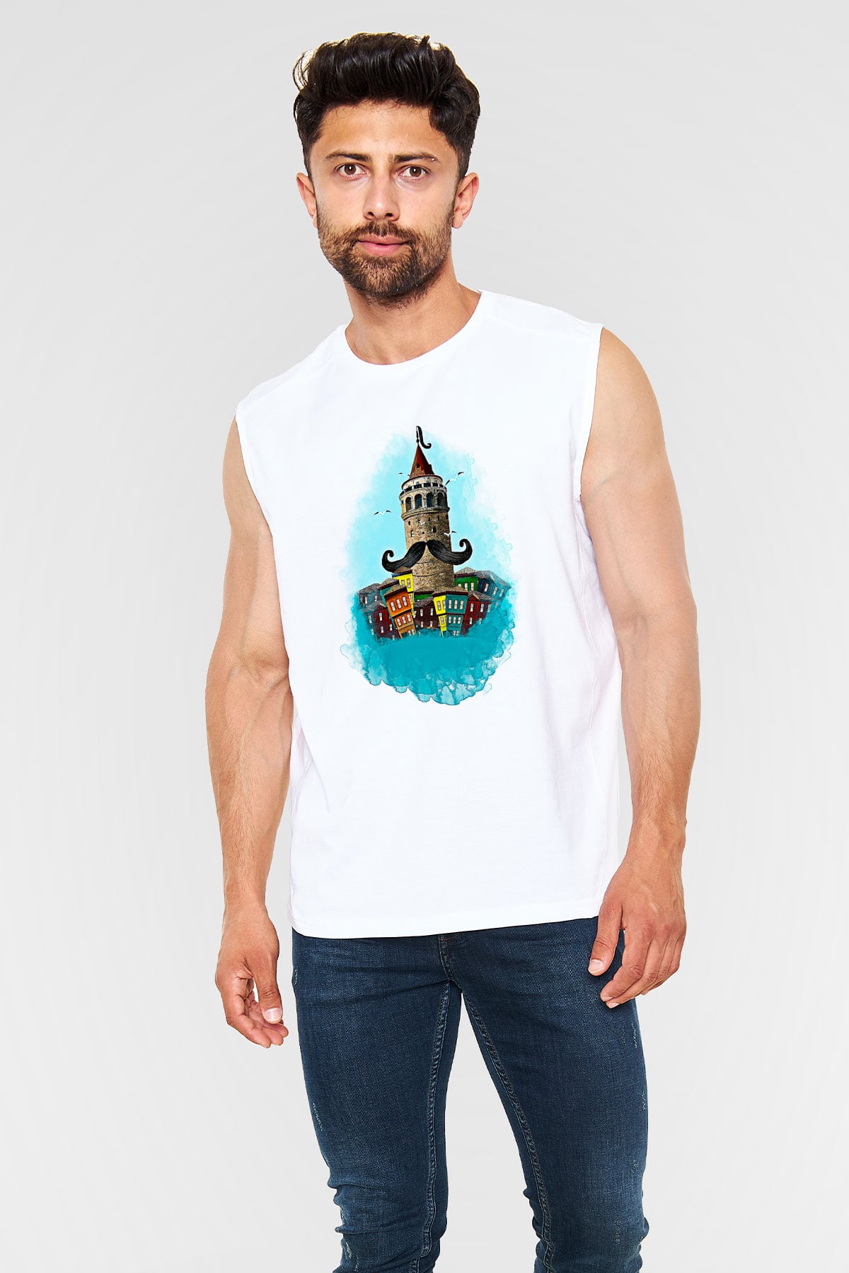 Galata Kulesi Baskılı Beyaz Unisex Kolsuz Tişört - Tshirt