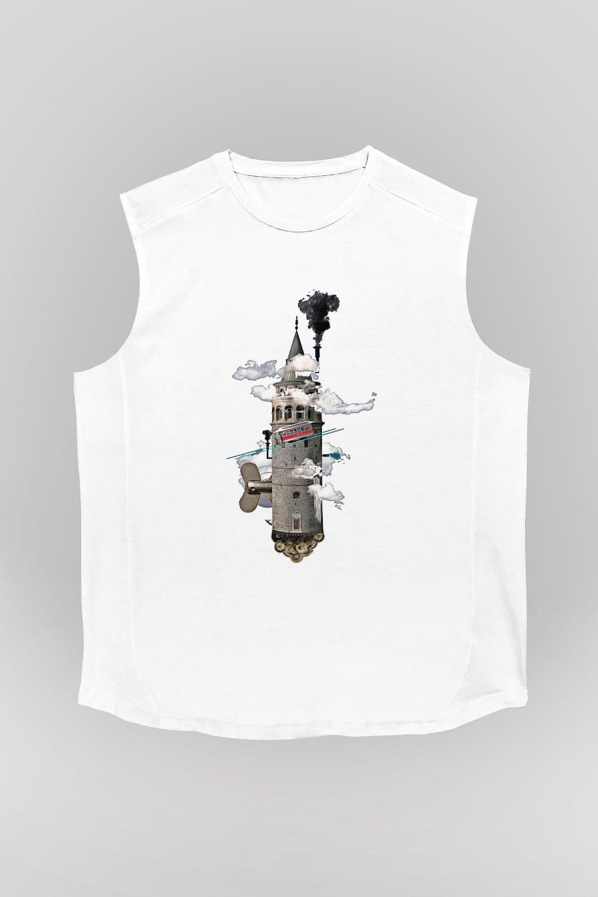 Galata Kulesi Baskılı Beyaz Unisex Kolsuz Tişört - Tshirt