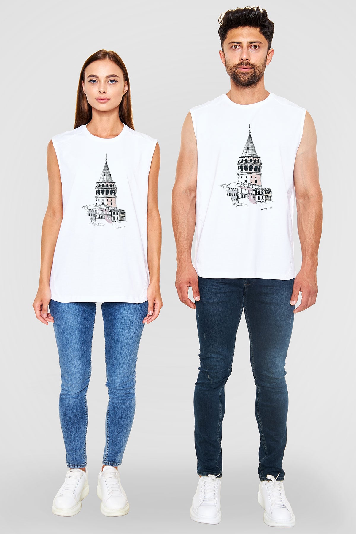 Galata Kulesi Baskılı Beyaz Unisex Kolsuz Tişört - Tshirt