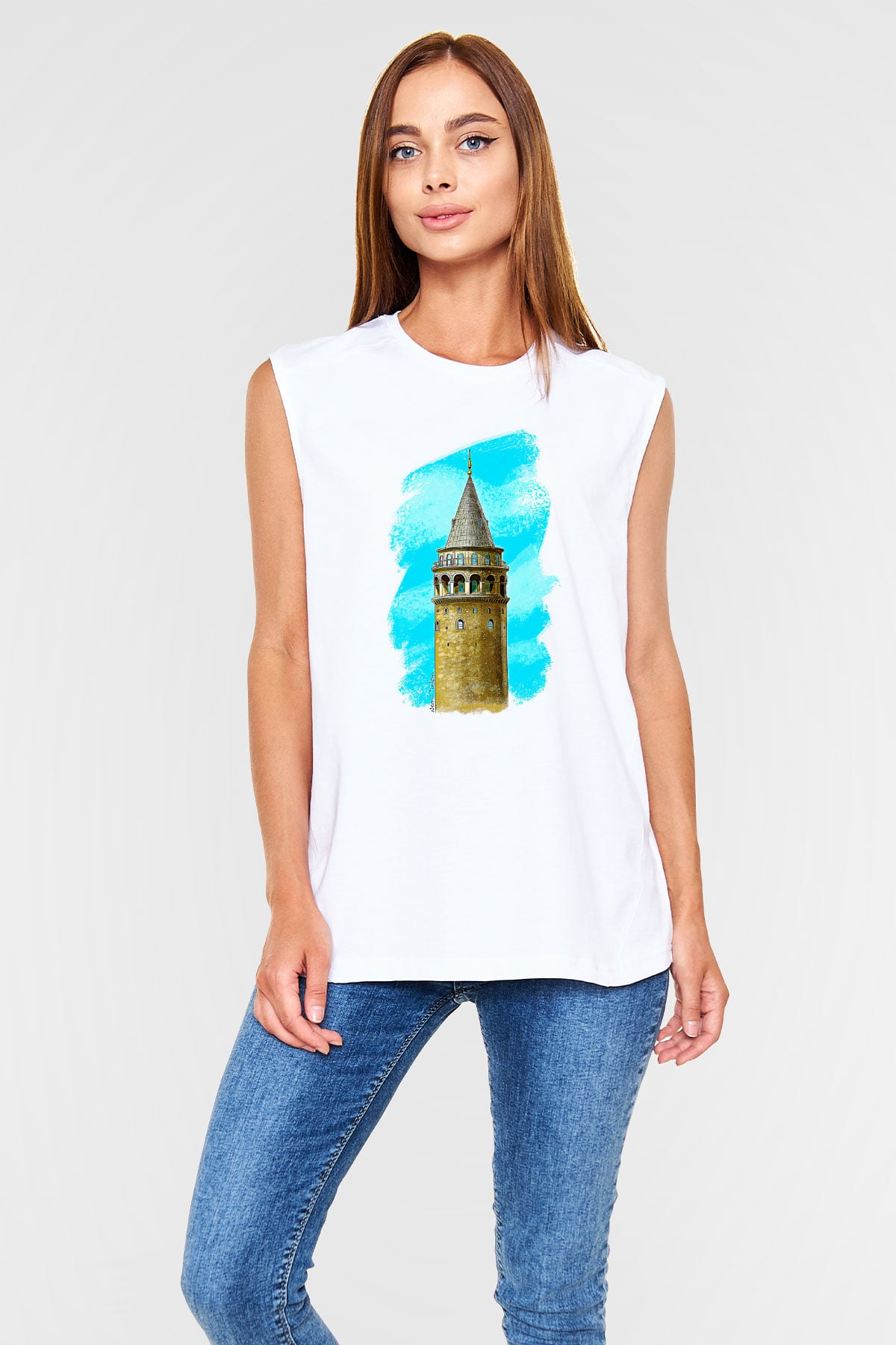 Galata Kulesi Baskılı Beyaz Unisex Kolsuz Tişört - Tshirt