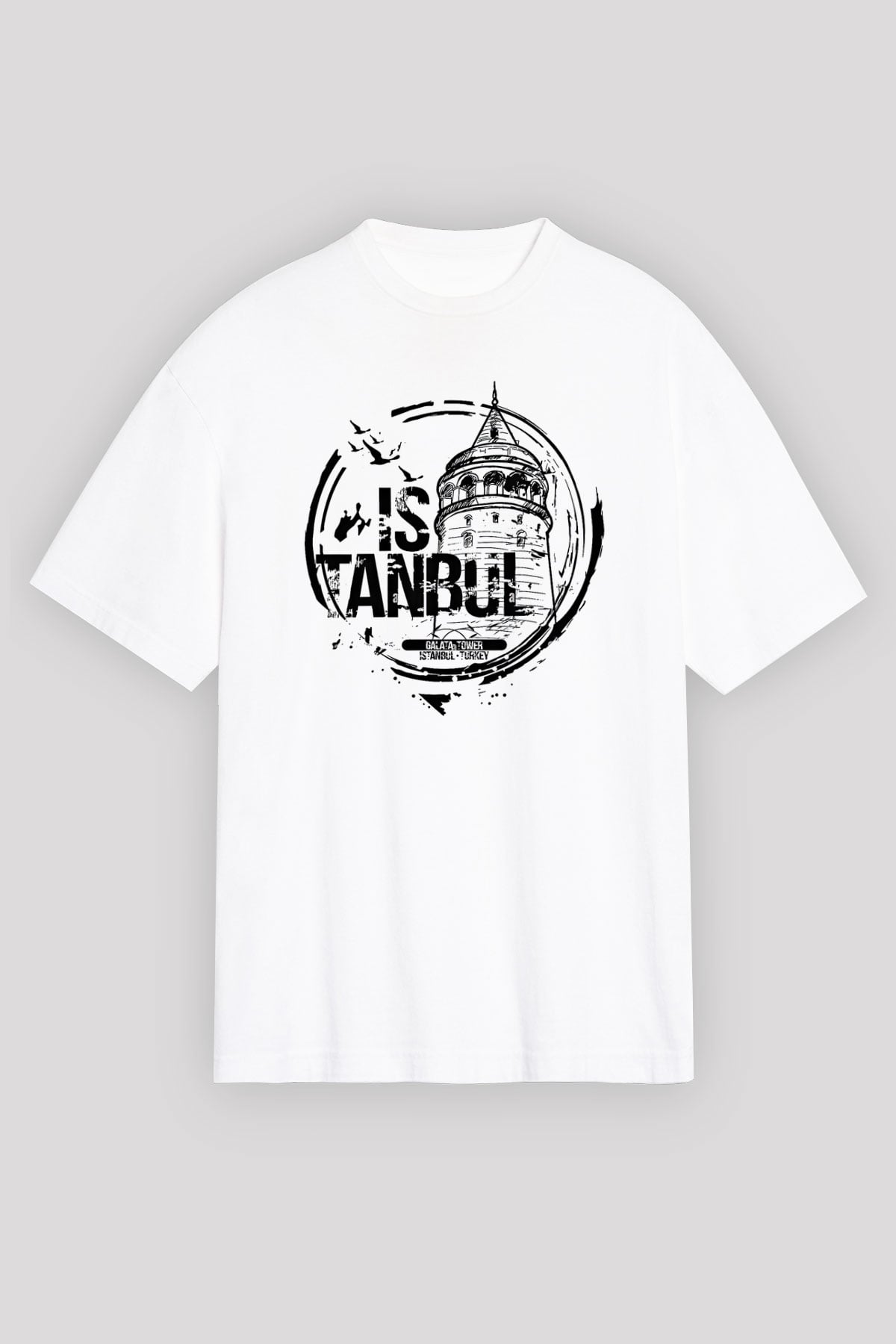 Galata Kulesi Baskılı Beyaz Unisex Oversize Tişört - Tshirt