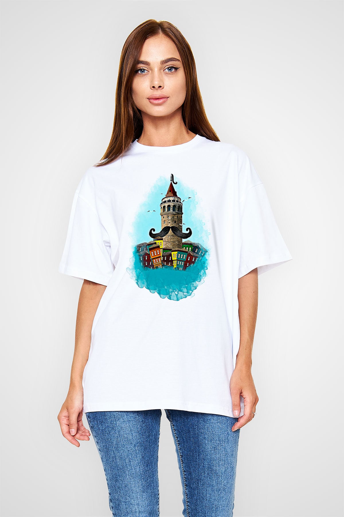 Galata Kulesi Baskılı Beyaz Unisex Oversize Tişört - Tshirt