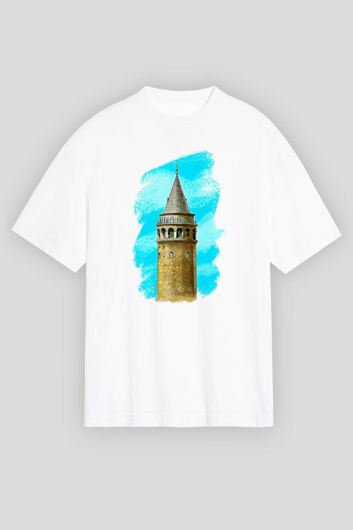 Galata Kulesi Baskılı Beyaz Unisex Oversize Tişört - Tshirt