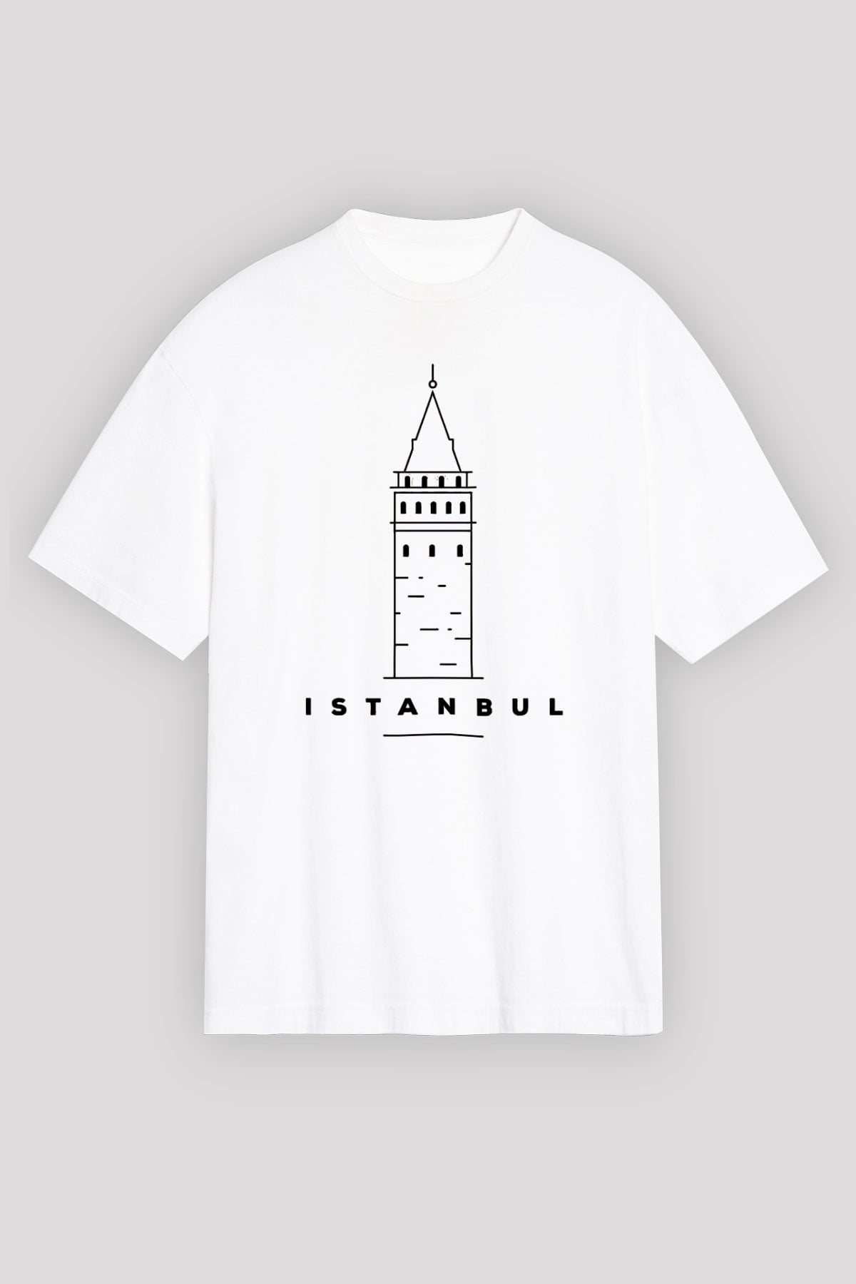 Galata Kulesi Baskılı Beyaz Unisex Oversize Tişört - Tshirt