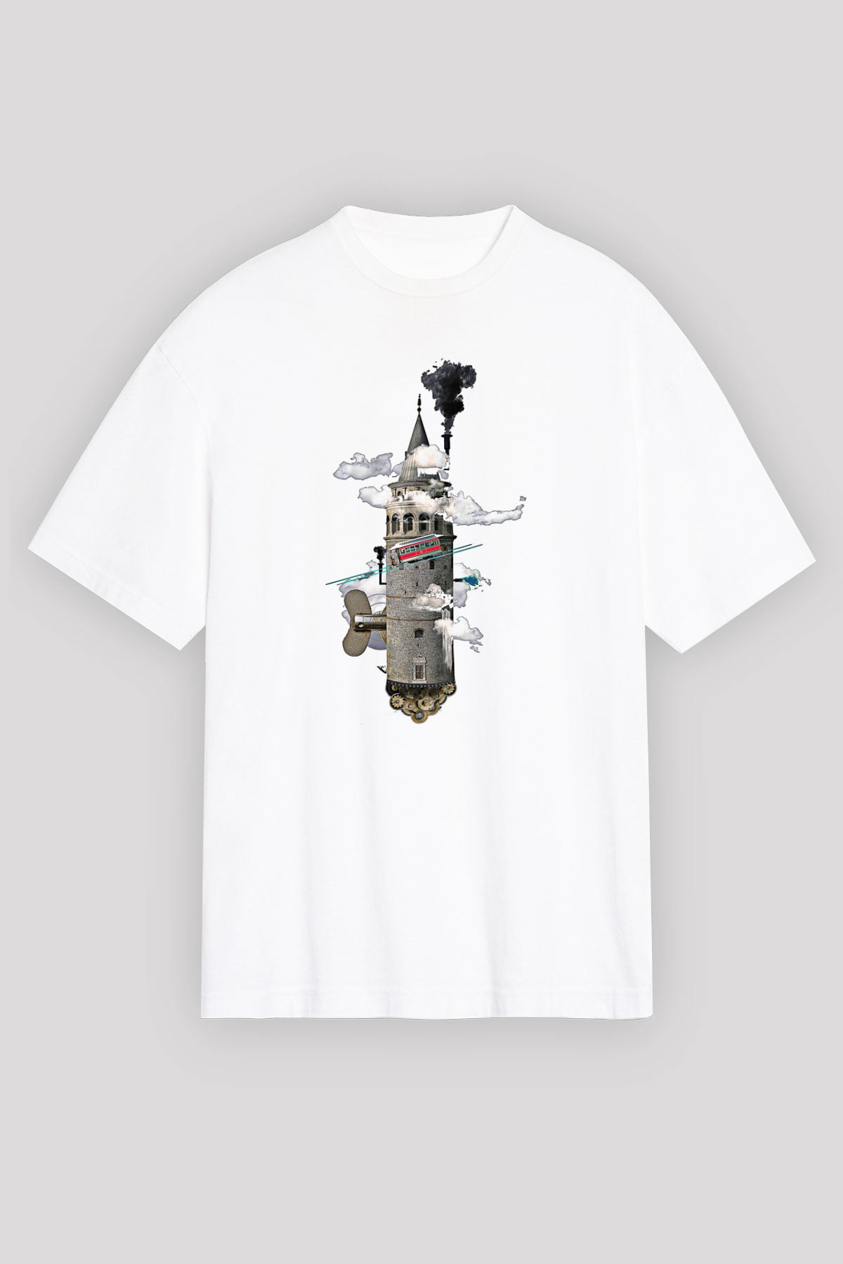 Galata Kulesi Baskılı Beyaz Unisex Oversize Tişört - Tshirt
