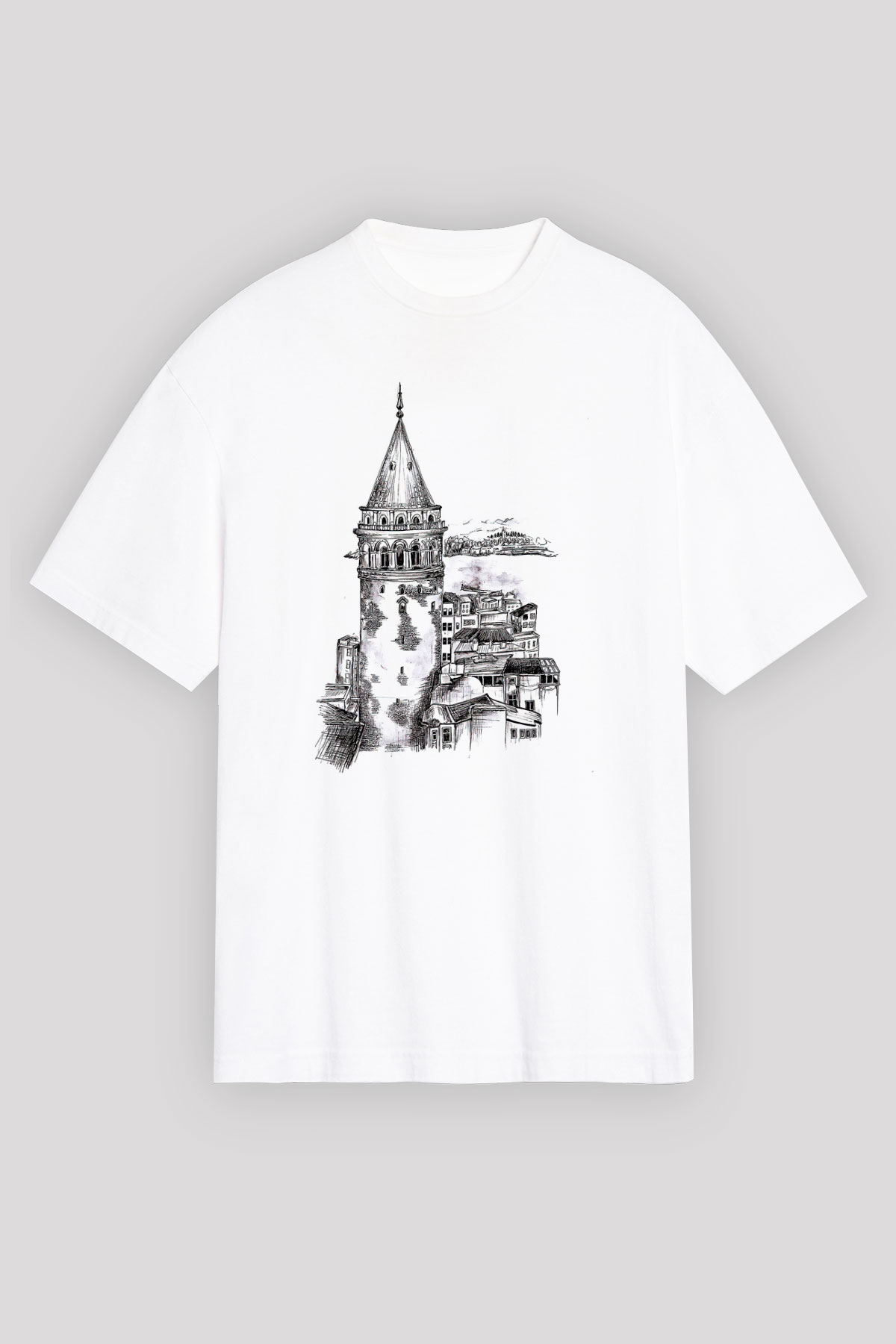 Galata Kulesi Baskılı Beyaz Unisex Oversize Tişört - Tshirt