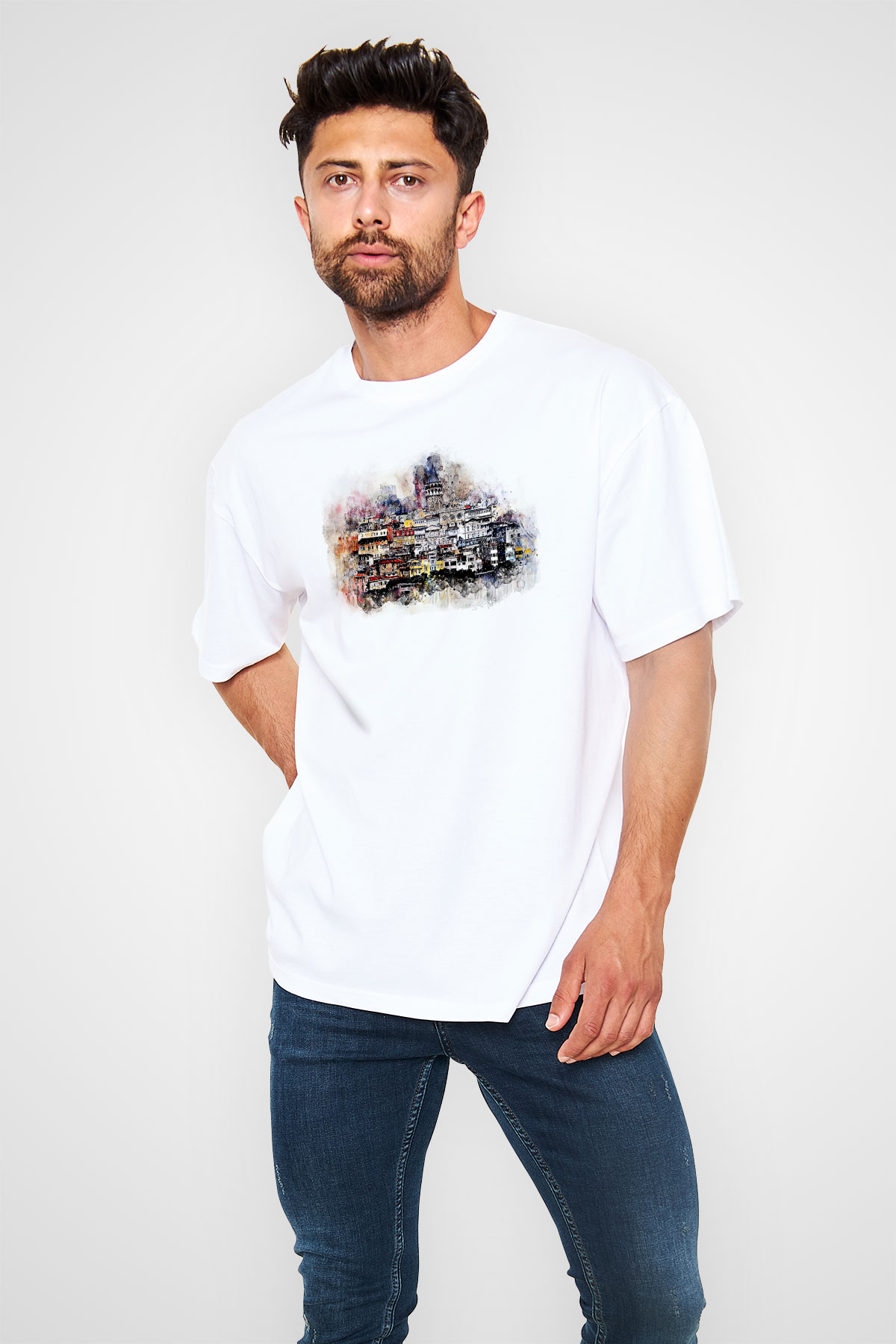 Galata Kulesi Baskılı Beyaz Unisex Oversize Tişört - Tshirt