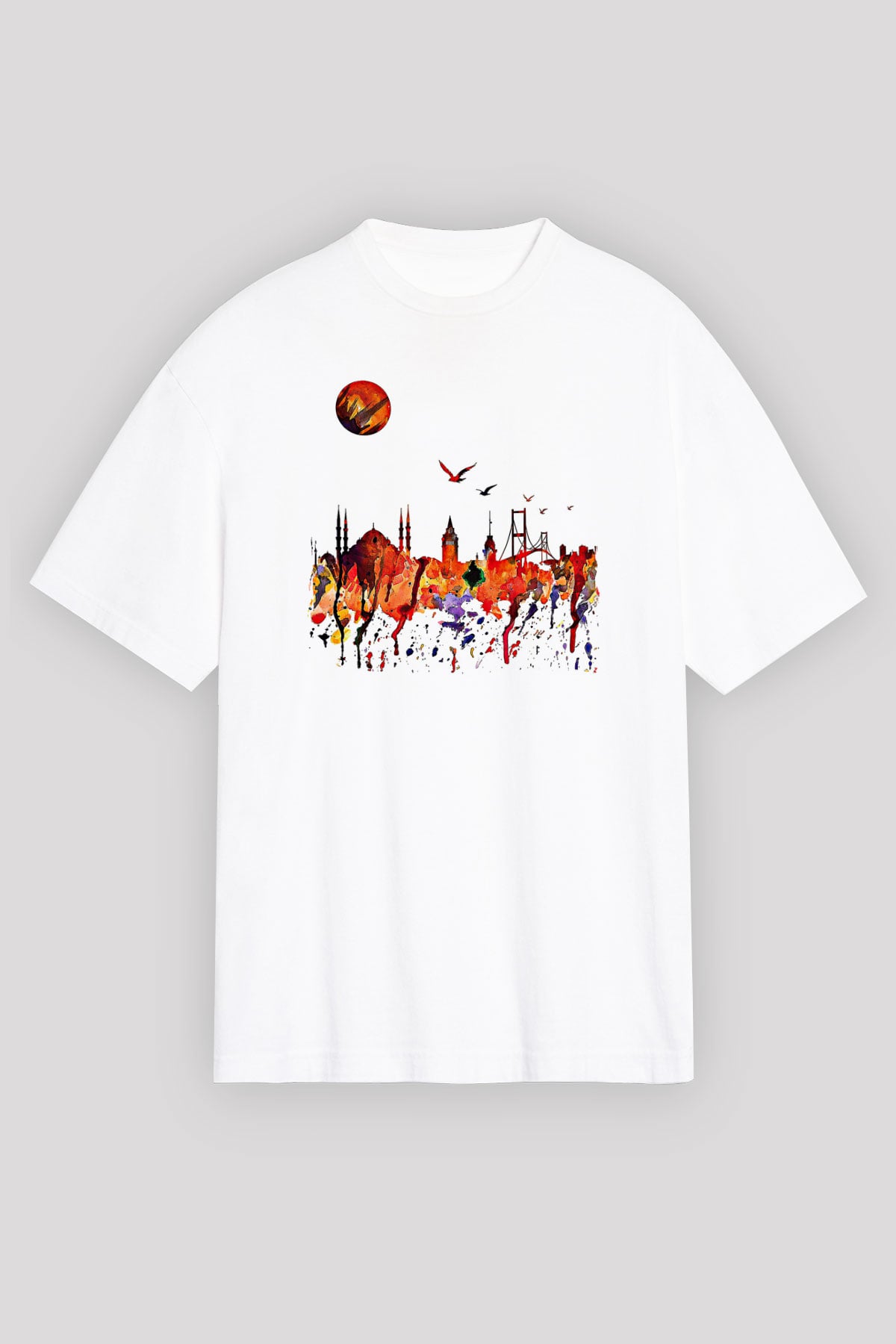 Galata Kulesi Baskılı Beyaz Unisex Oversize Tişört - Tshirt