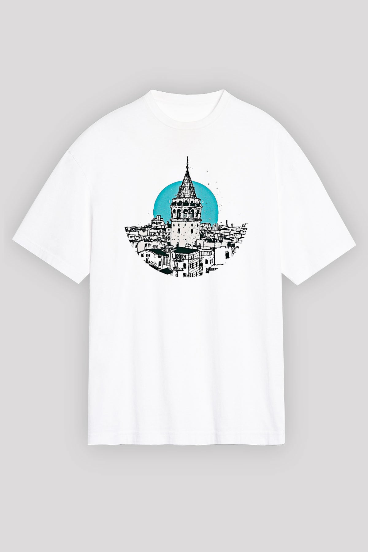 Galata Kulesi Baskılı Beyaz Unisex Oversize Tişört - Tshirt
