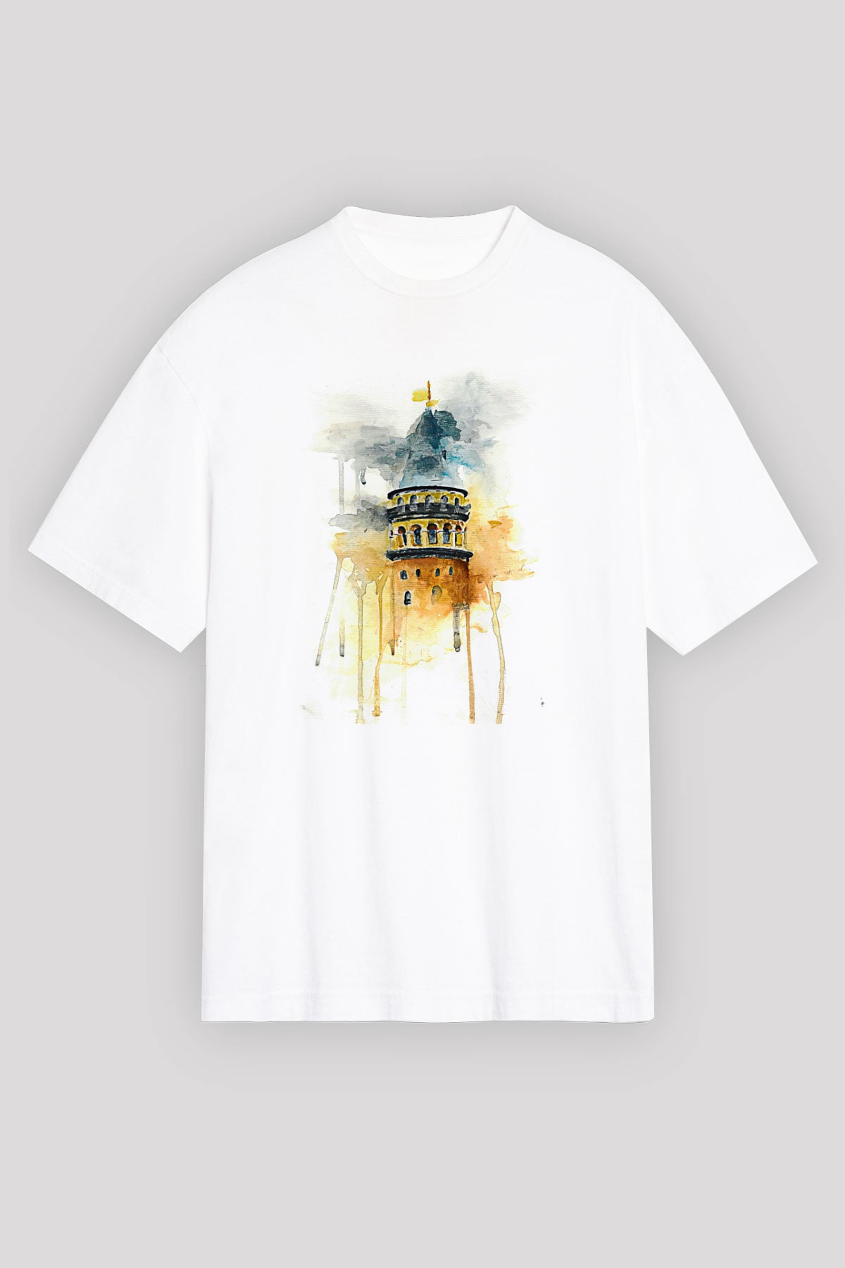 Galata Kulesi Baskılı Beyaz Unisex Oversize Tişört - Tshirt