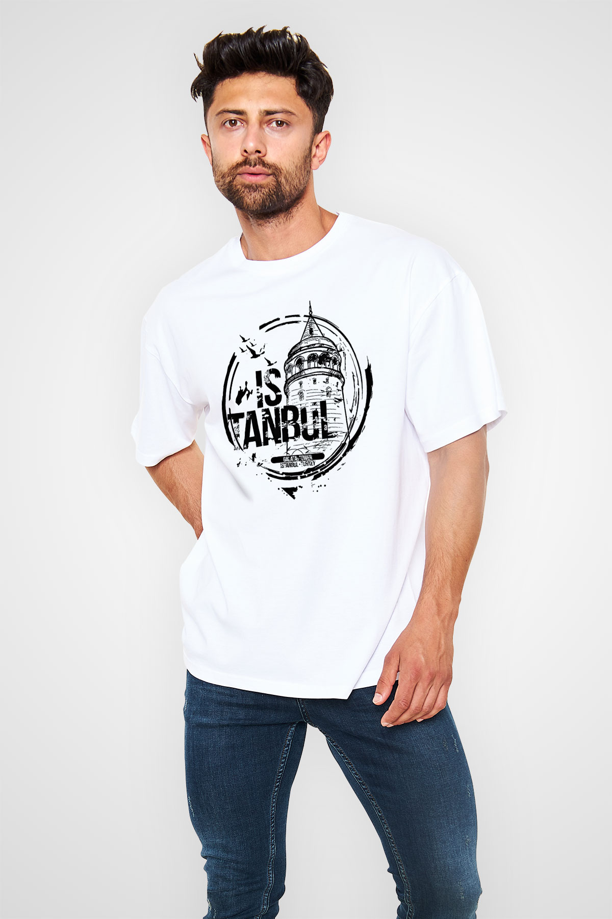 Galata Kulesi Baskılı Beyaz Unisex Oversize Tişört - Tshirt