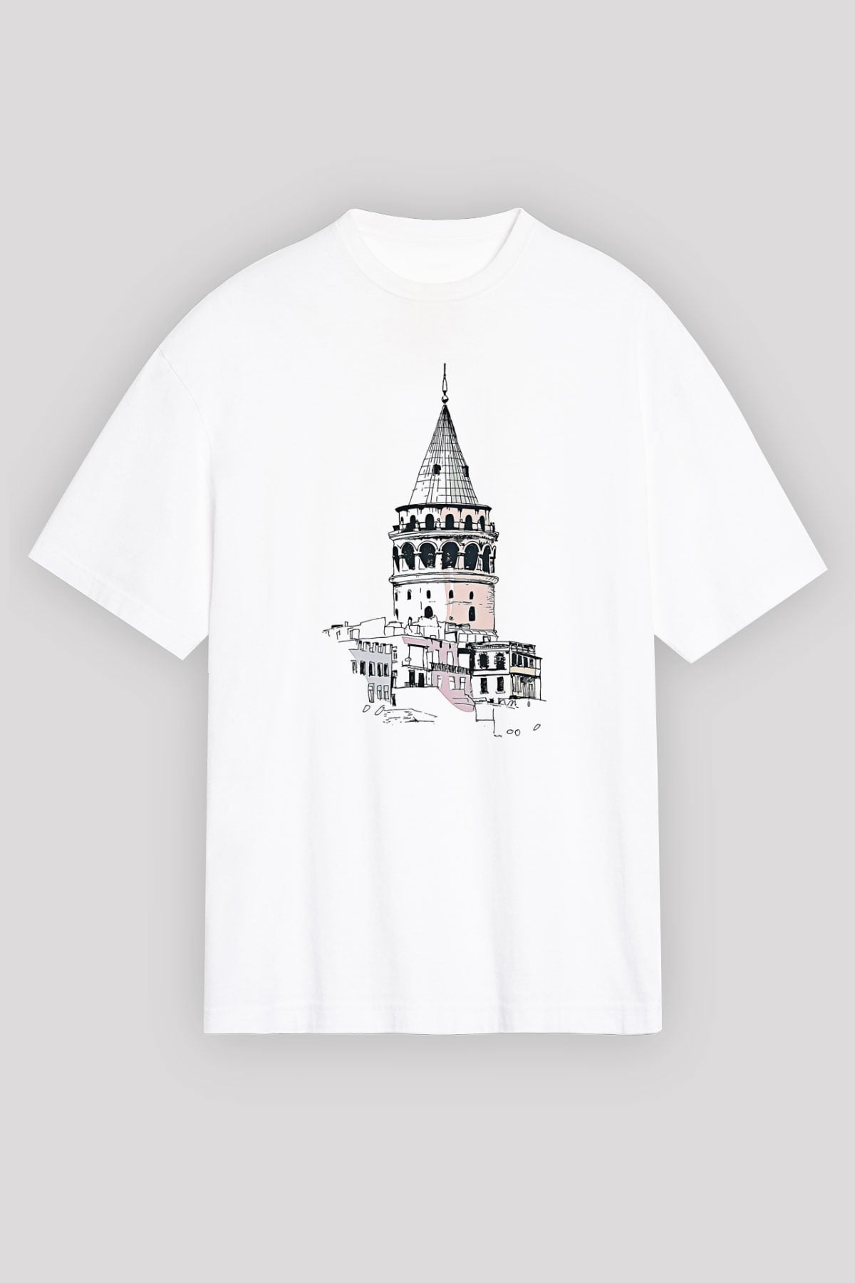 Galata Kulesi Baskılı Beyaz Unisex Oversize Tişört - Tshirt
