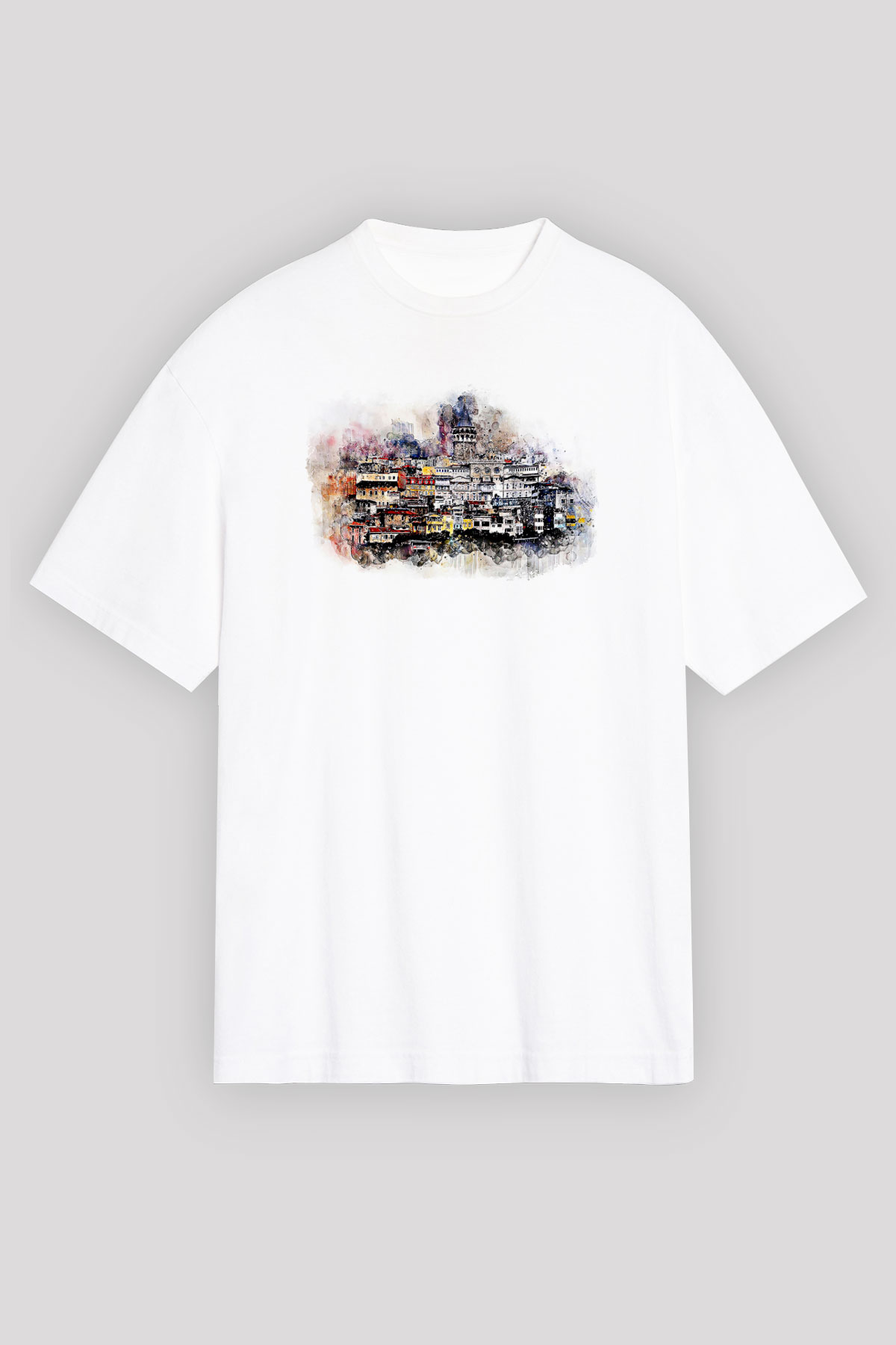 Galata Kulesi Baskılı Beyaz Unisex Oversize Tişört - Tshirt