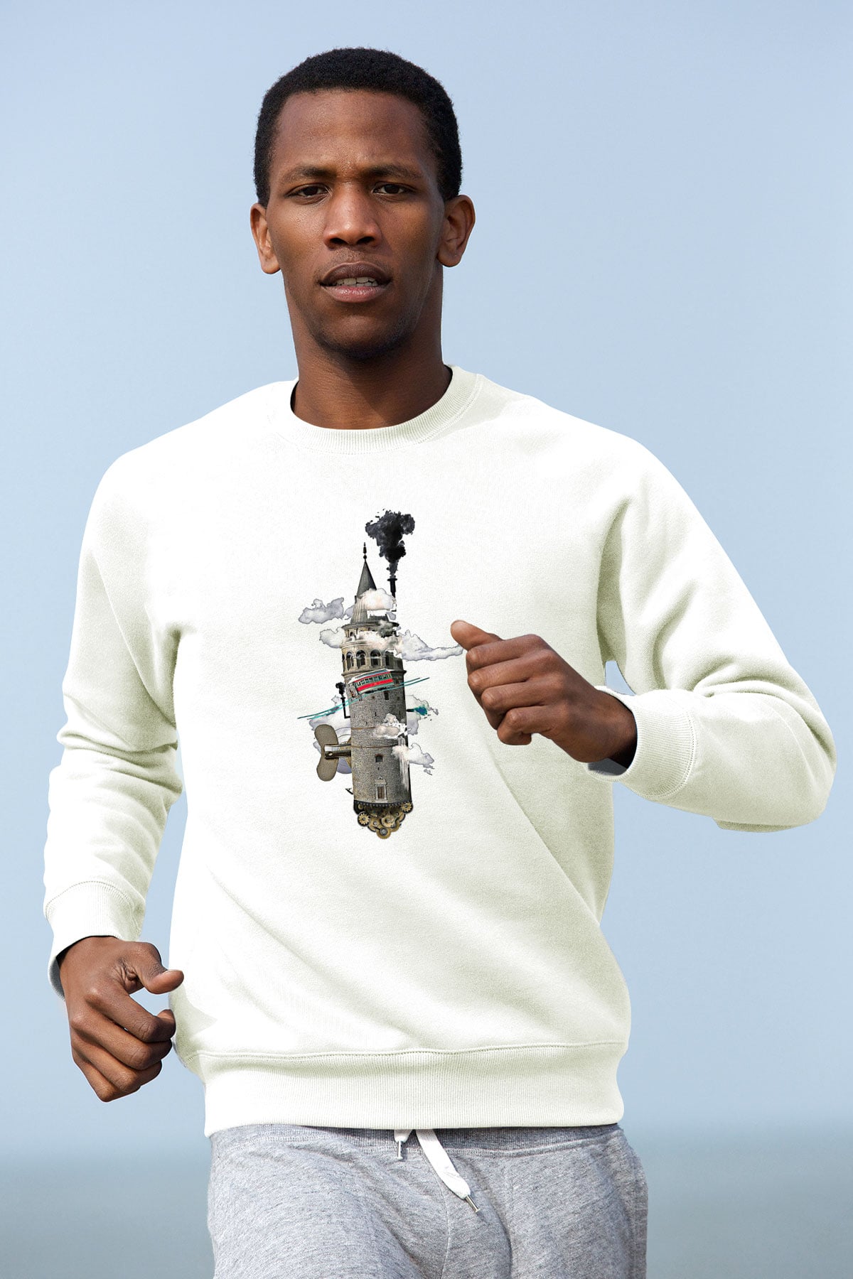 Galata Kulesi Baskılı Beyaz Unisex Sweatshirt