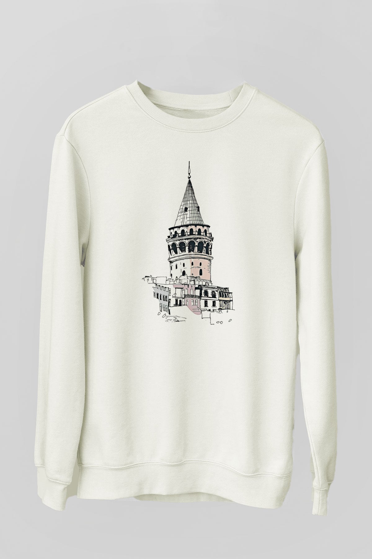 Galata Kulesi Baskılı Beyaz Unisex Sweatshirt