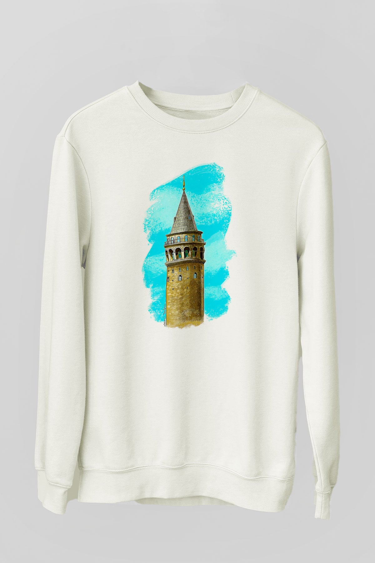 Galata Kulesi Baskılı Beyaz Unisex Sweatshirt