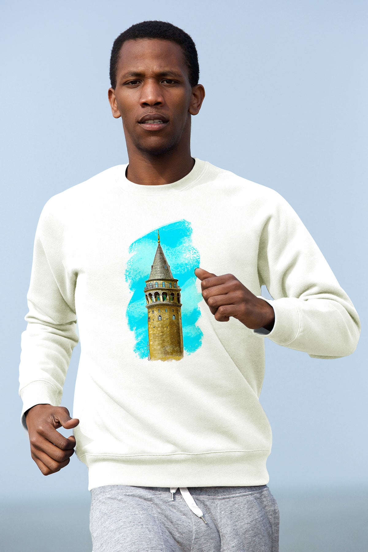 Galata Kulesi Baskılı Beyaz Unisex Sweatshirt