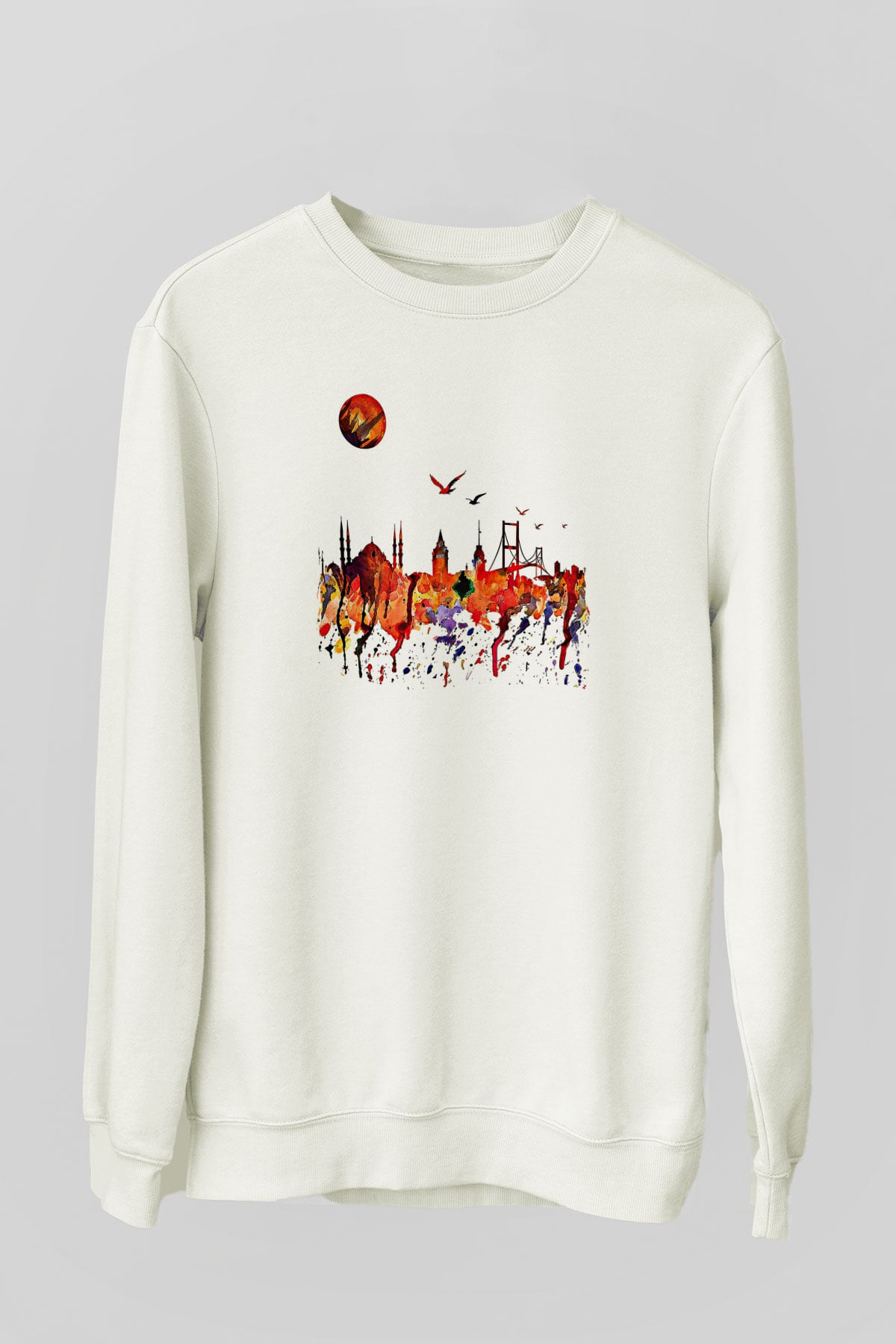 Galata Kulesi Baskılı Beyaz Unisex Sweatshirt