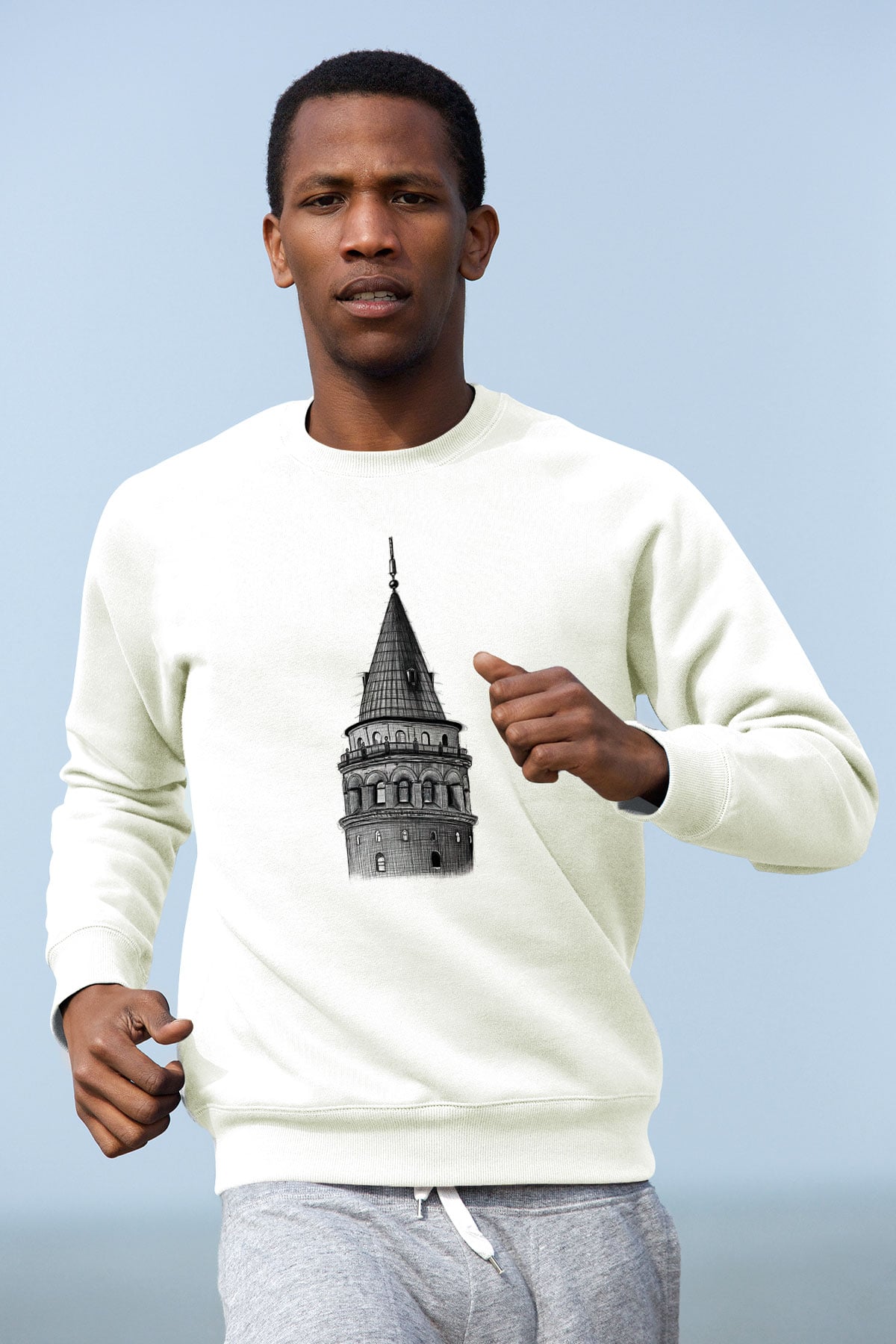 Galata Kulesi Baskılı Beyaz Unisex Sweatshirt