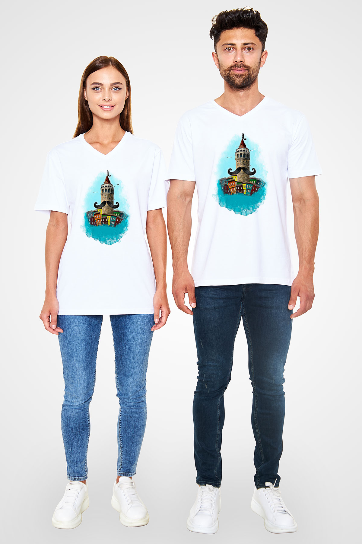 Galata Kulesi Baskılı Beyaz Unisex V Yaka Tişört - Tshirt