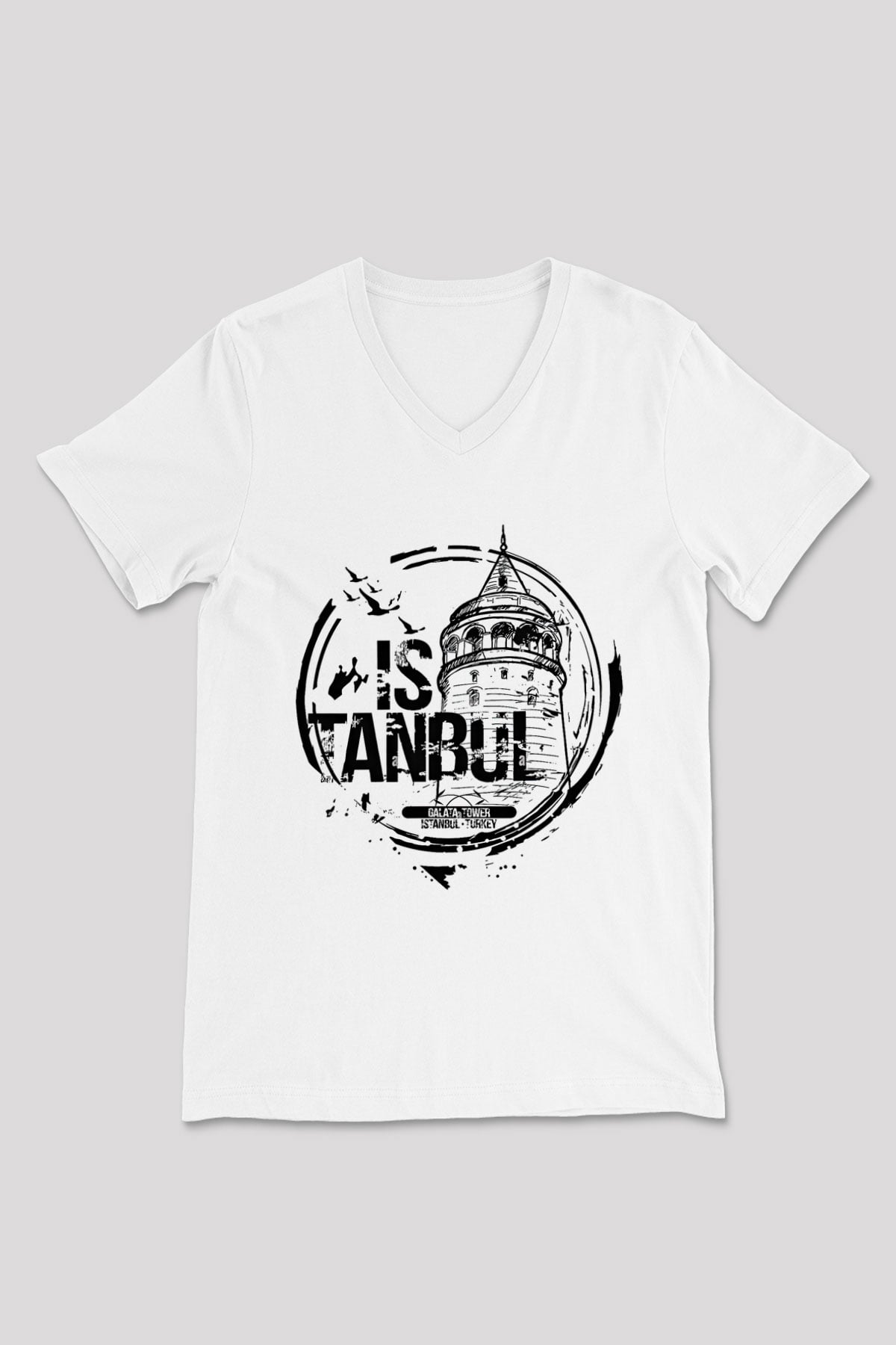 Galata Kulesi Baskılı Beyaz Unisex V Yaka Tişört - Tshirt