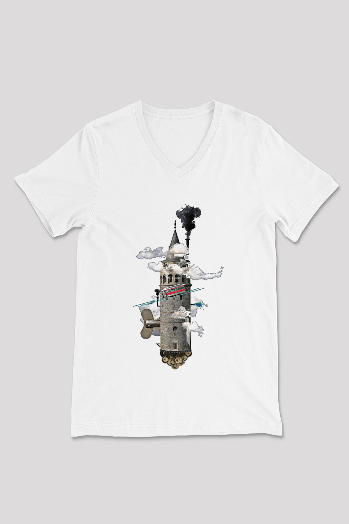 Galata Kulesi Baskılı Beyaz Unisex V Yaka Tişört - Tshirt