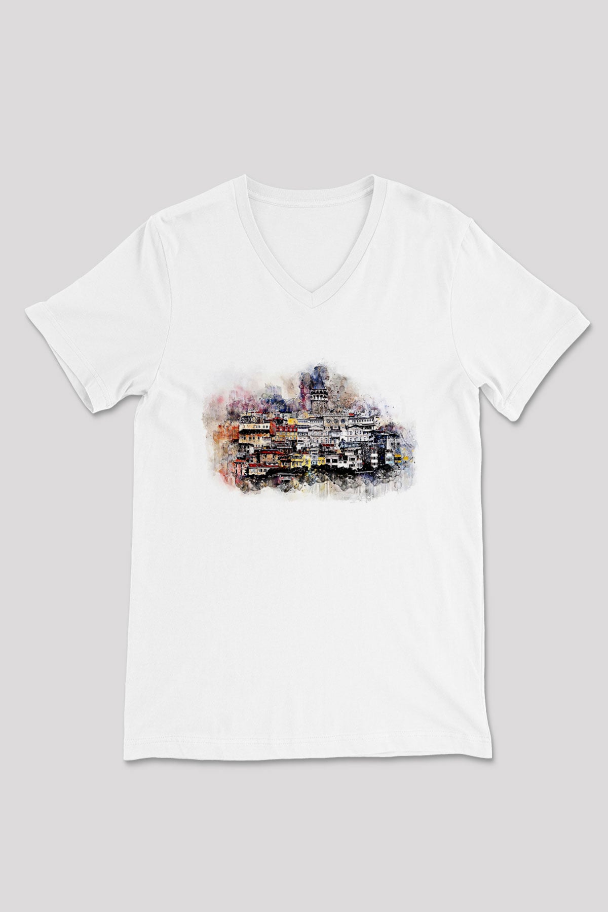 Galata Kulesi Baskılı Beyaz Unisex V Yaka Tişört - Tshirt