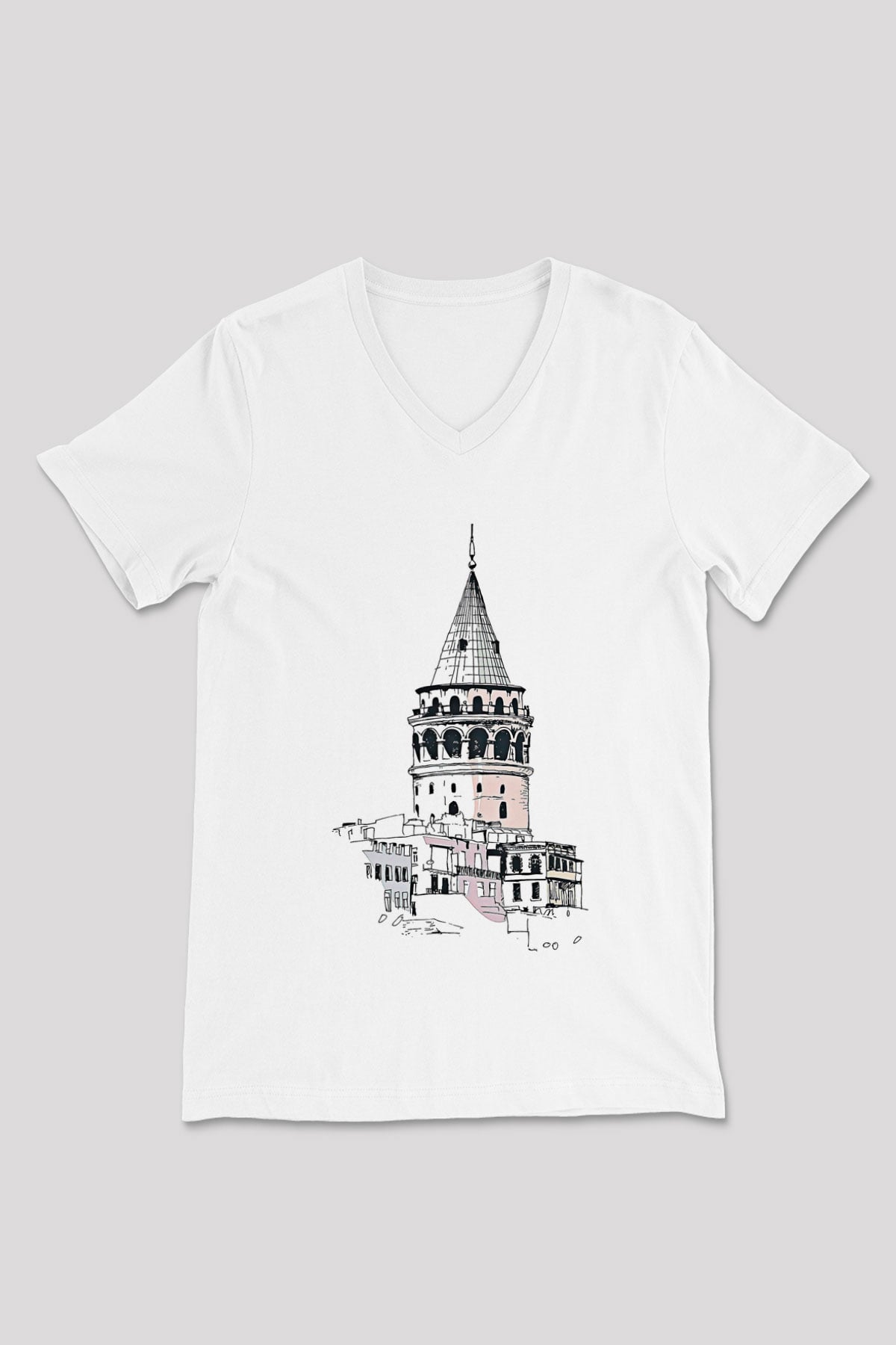 Galata Kulesi Baskılı Beyaz Unisex V Yaka Tişört - Tshirt