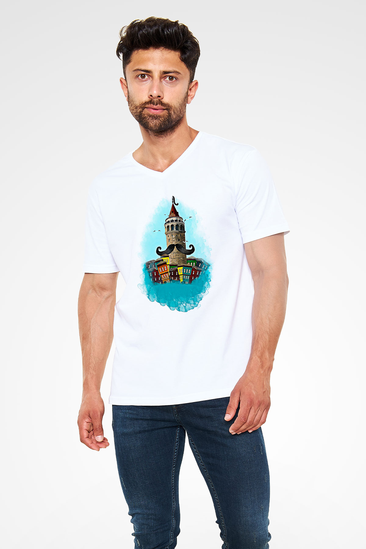 Galata Kulesi Baskılı Beyaz Unisex V Yaka Tişört - Tshirt