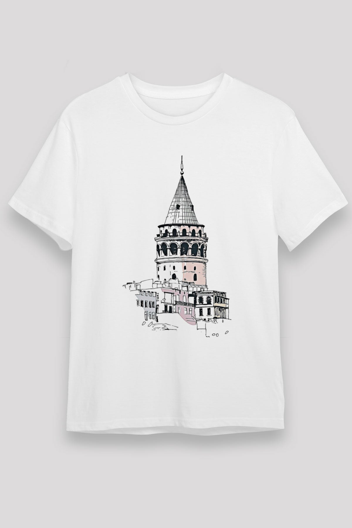 Galata Kulesi Unisex Baskılı Beyaz Tişört - Tshirt
