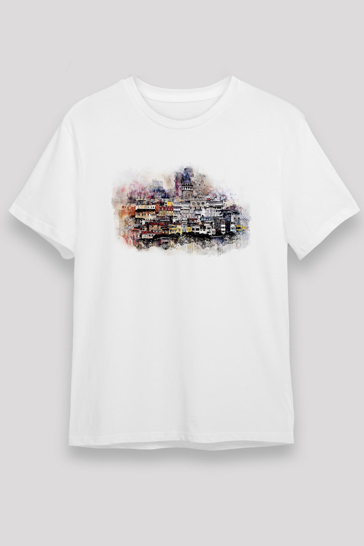 Galata Kulesi Unisex Baskılı Beyaz Tişört - Tshirt