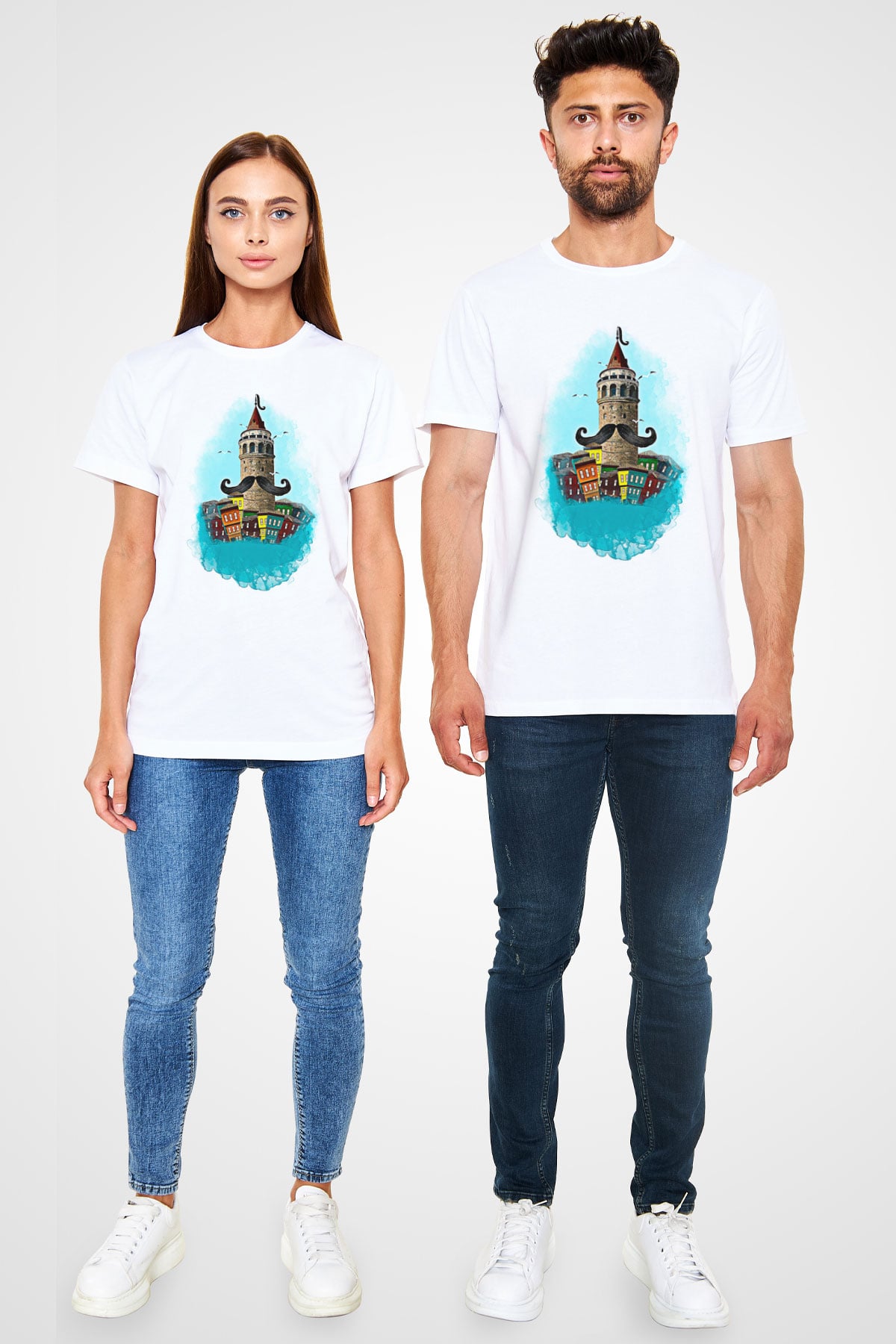 Galata Kulesi Unisex Baskılı Beyaz Tişört - Tshirt