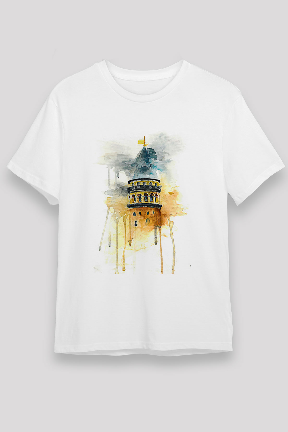 Galata Kulesi Unisex Baskılı Beyaz Tişört - Tshirt
