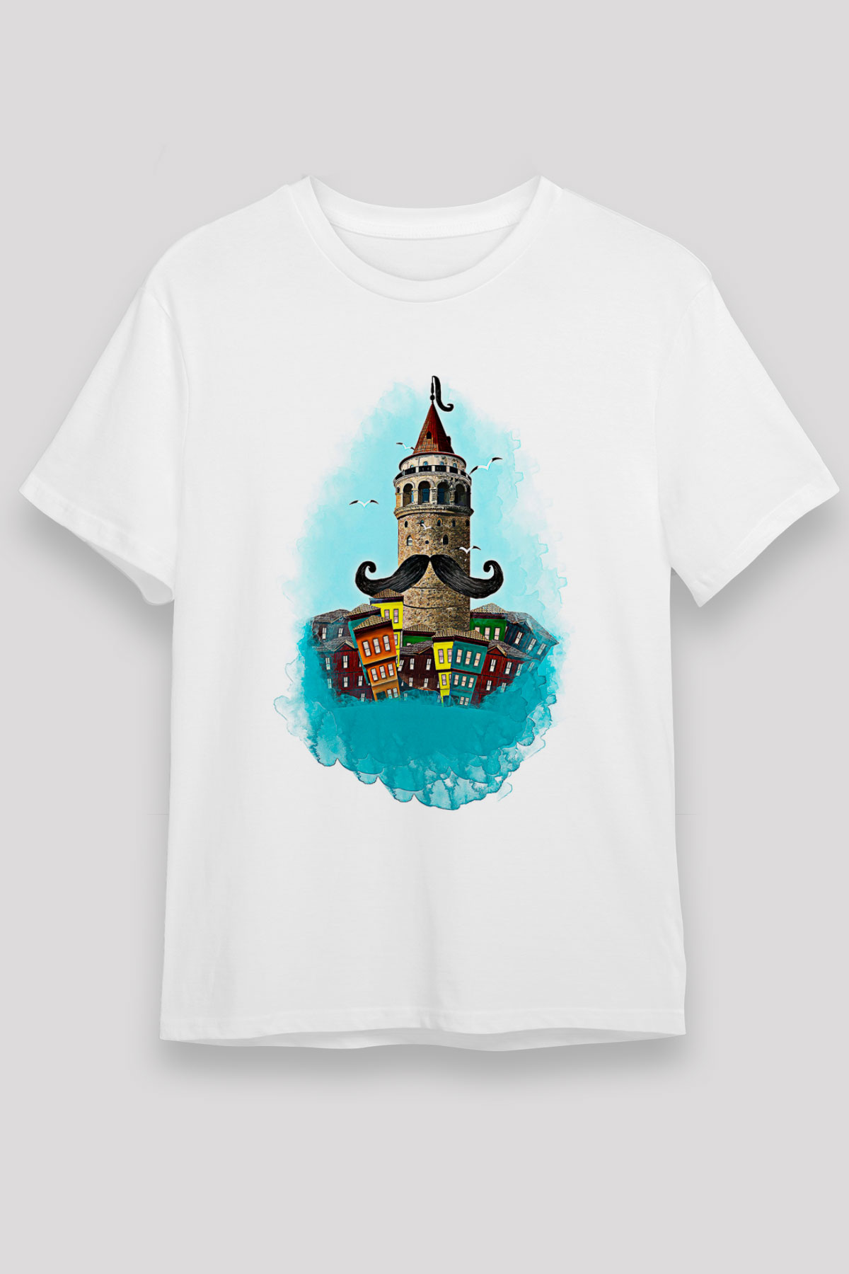 Galata Kulesi Unisex Baskılı Beyaz Tişört - Tshirt