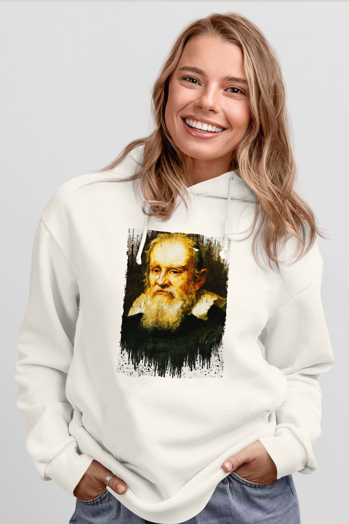 Galileo Galilei Baskılı Unisex Ekru Hoodie