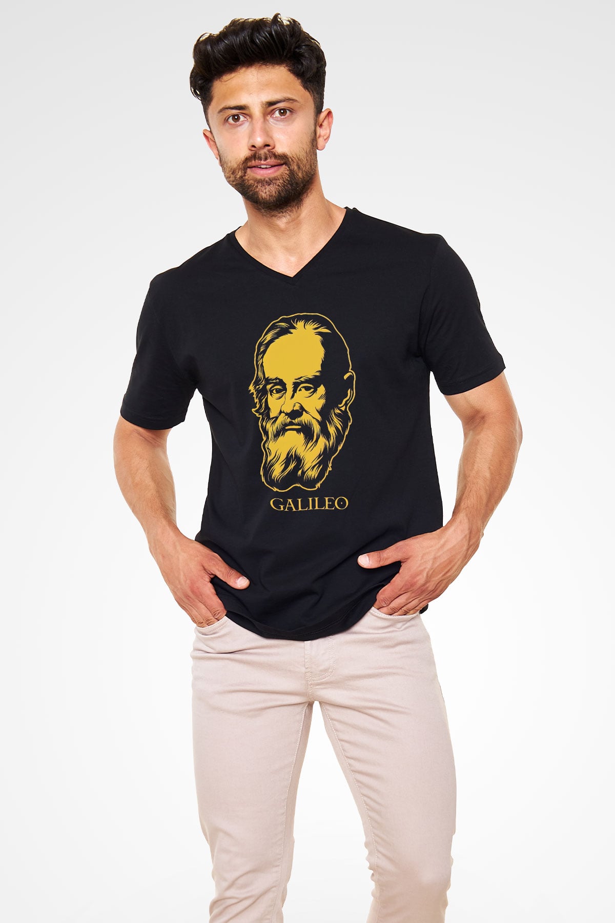 Galileo Galilei Baskılı Unisex Siyah V Yaka Tişört