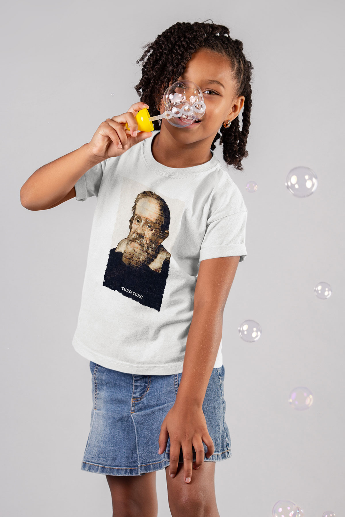 Galileo Galilei Yazılı Portre Baskılı Unisex Beyaz Çocuk Tişörtü - Tshirt