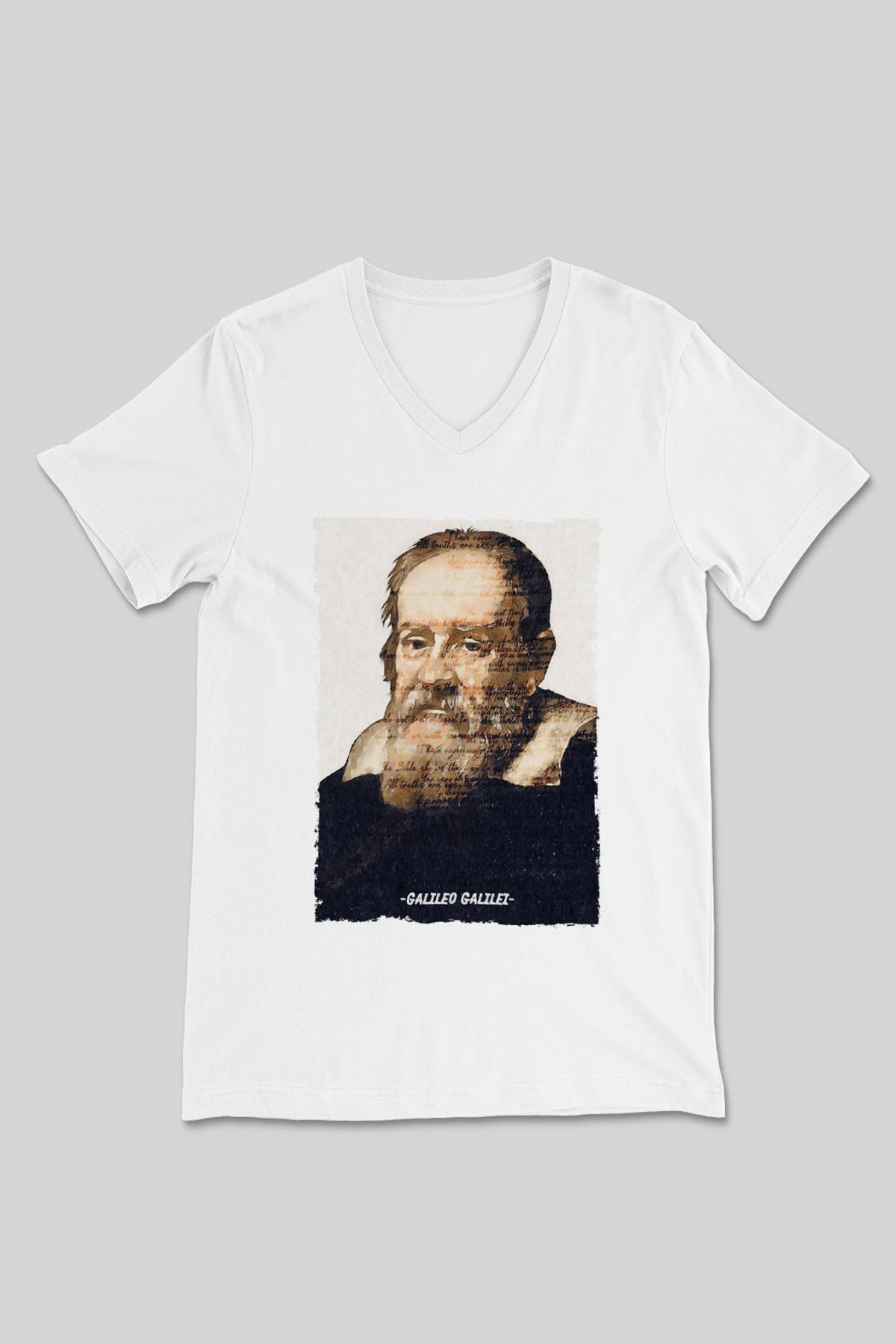 Galileo Galilei Yazılı Portre Baskılı Unisex V Yaka Beyaz Tişört - Tshirt