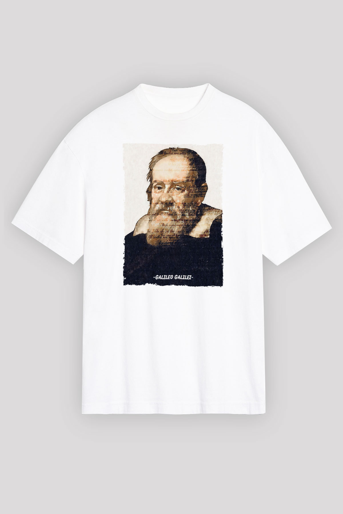 Galileo Galilei Yazılı Portre Baskılı Unisex Oversize Beyaz Tişört - Tshirt
