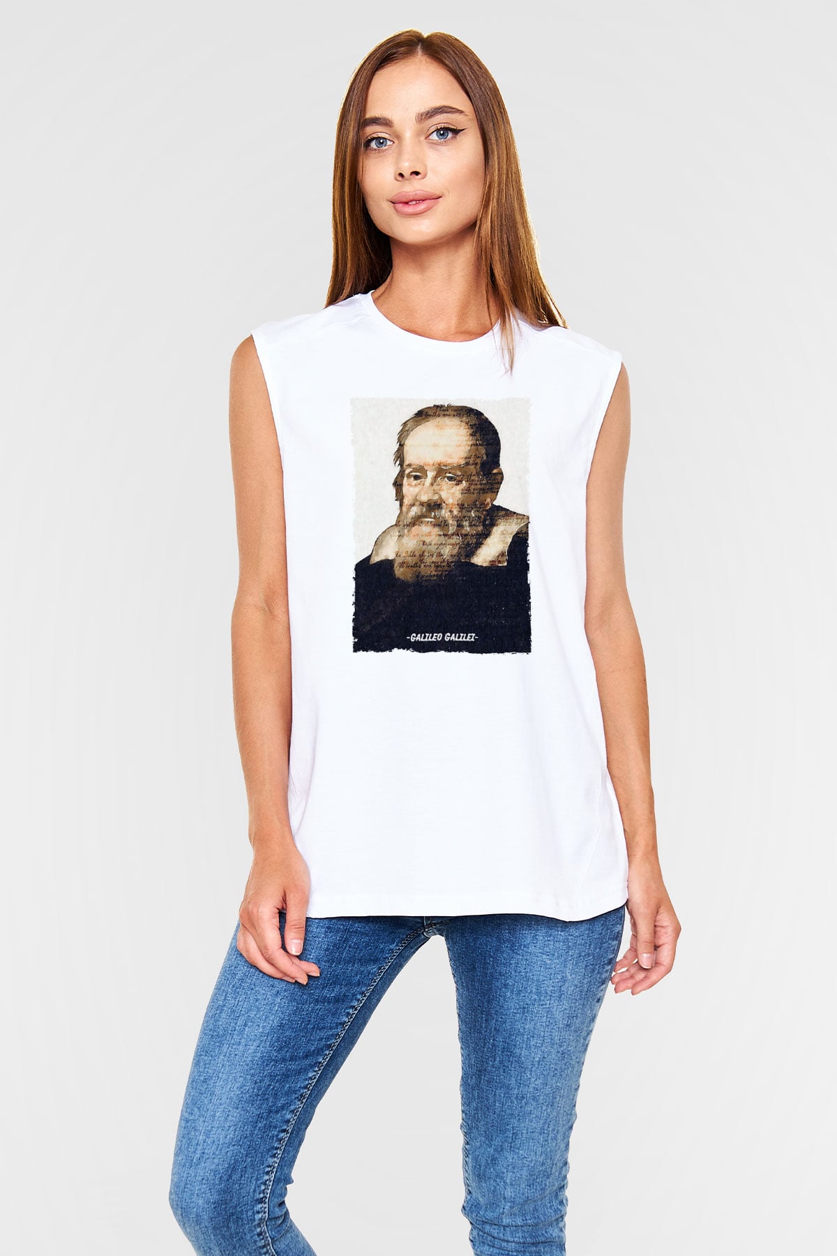 Galileo Galilei Yazılı Portre Baskılı Unisex Kolsuz Beyaz Tişört - Tshirt