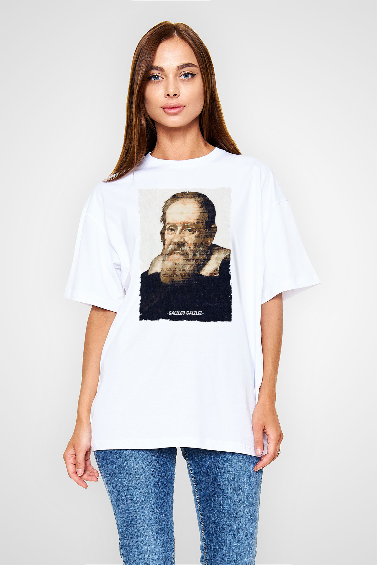 Galileo Galilei Yazılı Portre Baskılı Unisex Oversize Beyaz Tişört - Tshirt