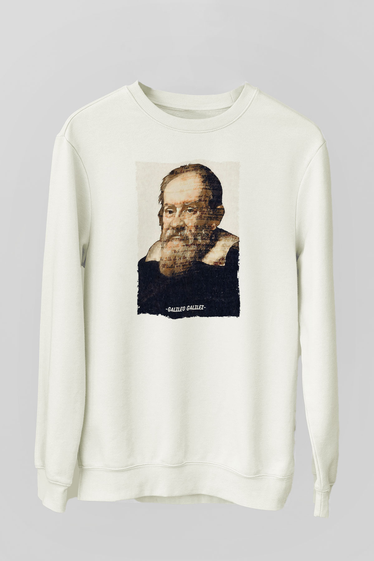 Galileo Galilei Yazılı Portre Baskılı Unisex Ekru Sweatshirt