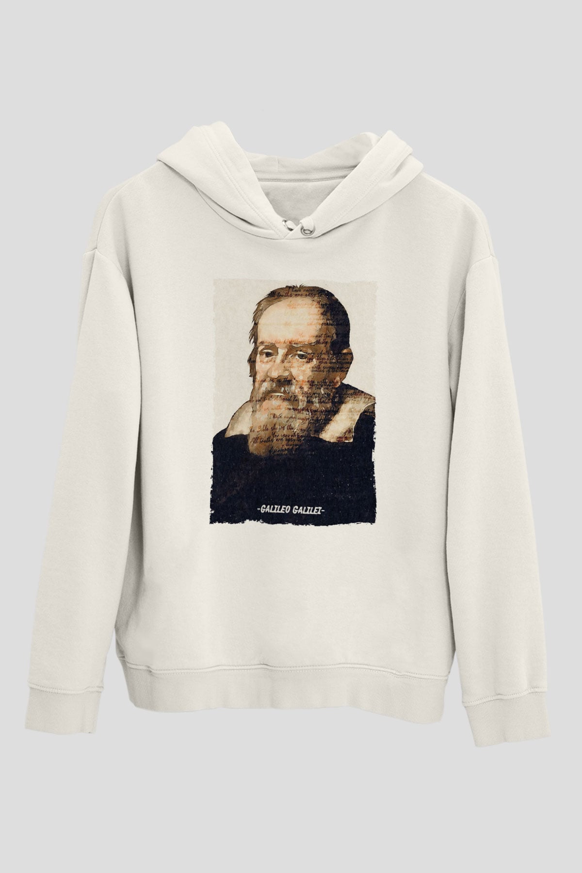 Galileo Galilei Yazılı Portre Baskılı Unisex Ekru Hoodie