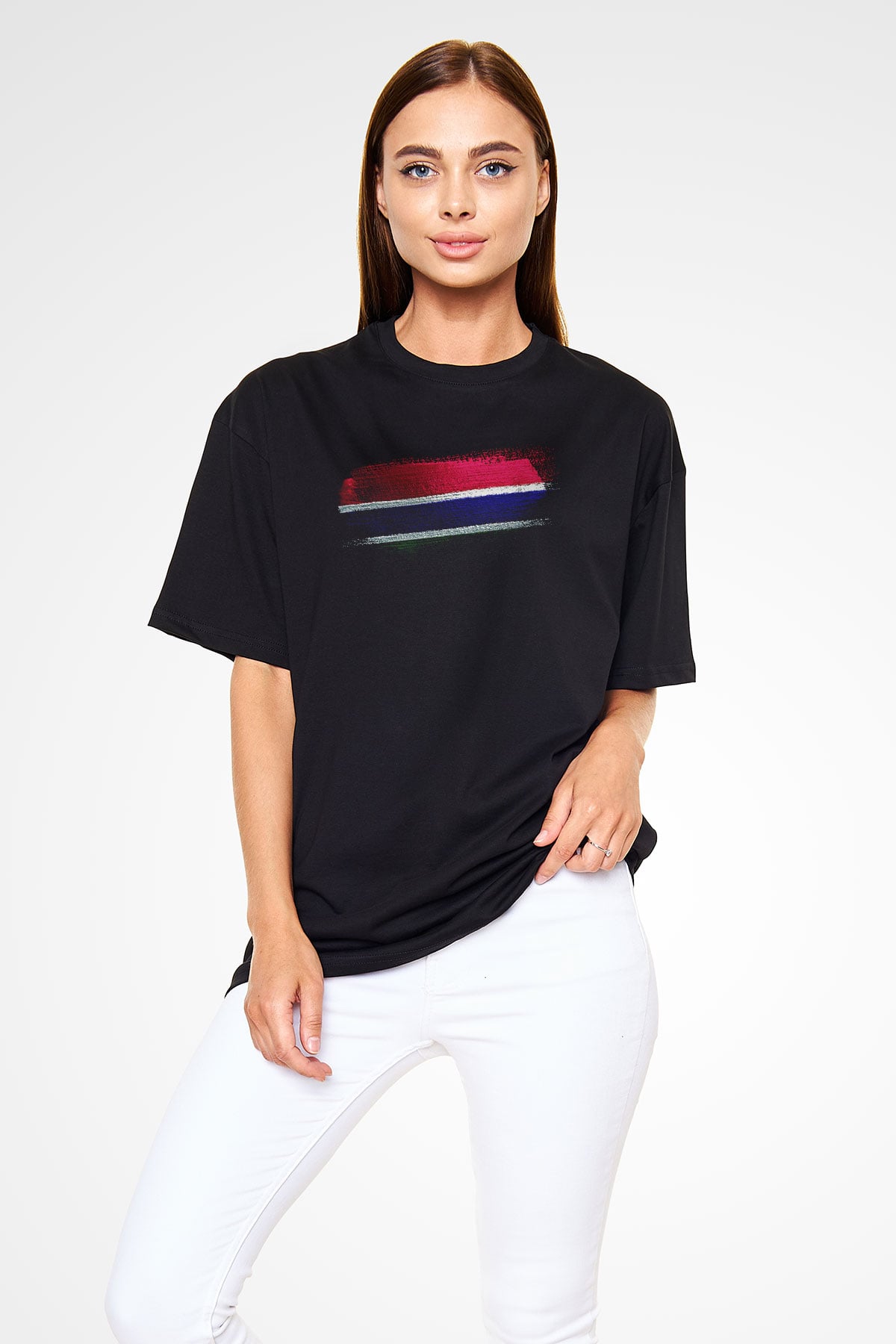 Gambiya - Gambia Bayrağı Baskılı Unisex Siyah Oversize Tişört