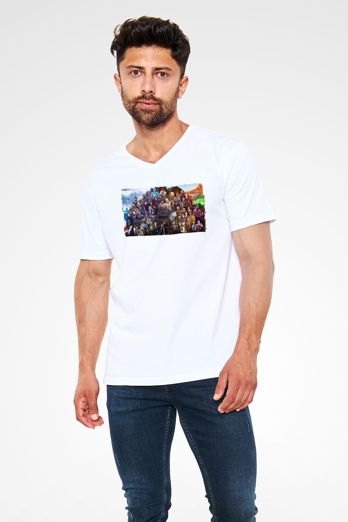 Game of Thrones Beyaz Unisex V Yaka Tişört