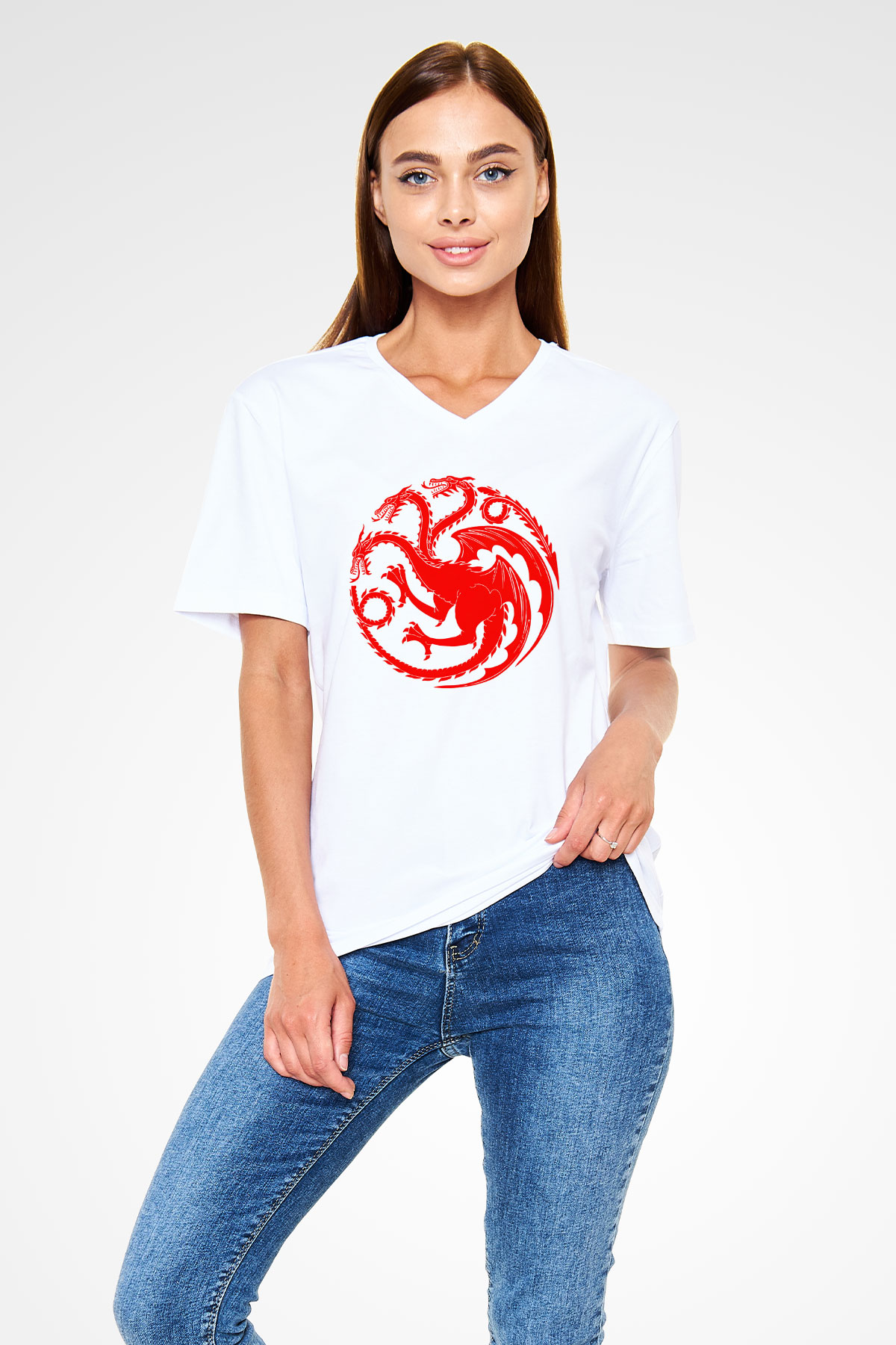 Game of Thrones Beyaz Unisex V Yaka Tişört T-Shirt