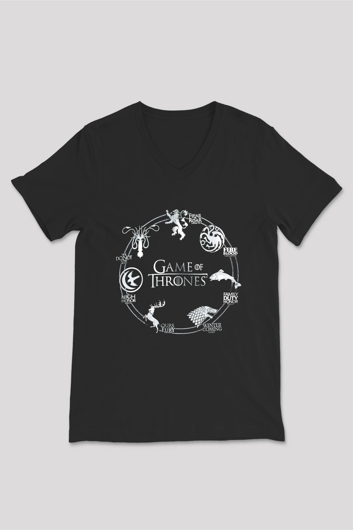 Game of Thrones Siyah Unisex V Yaka Tişört T-Shirt