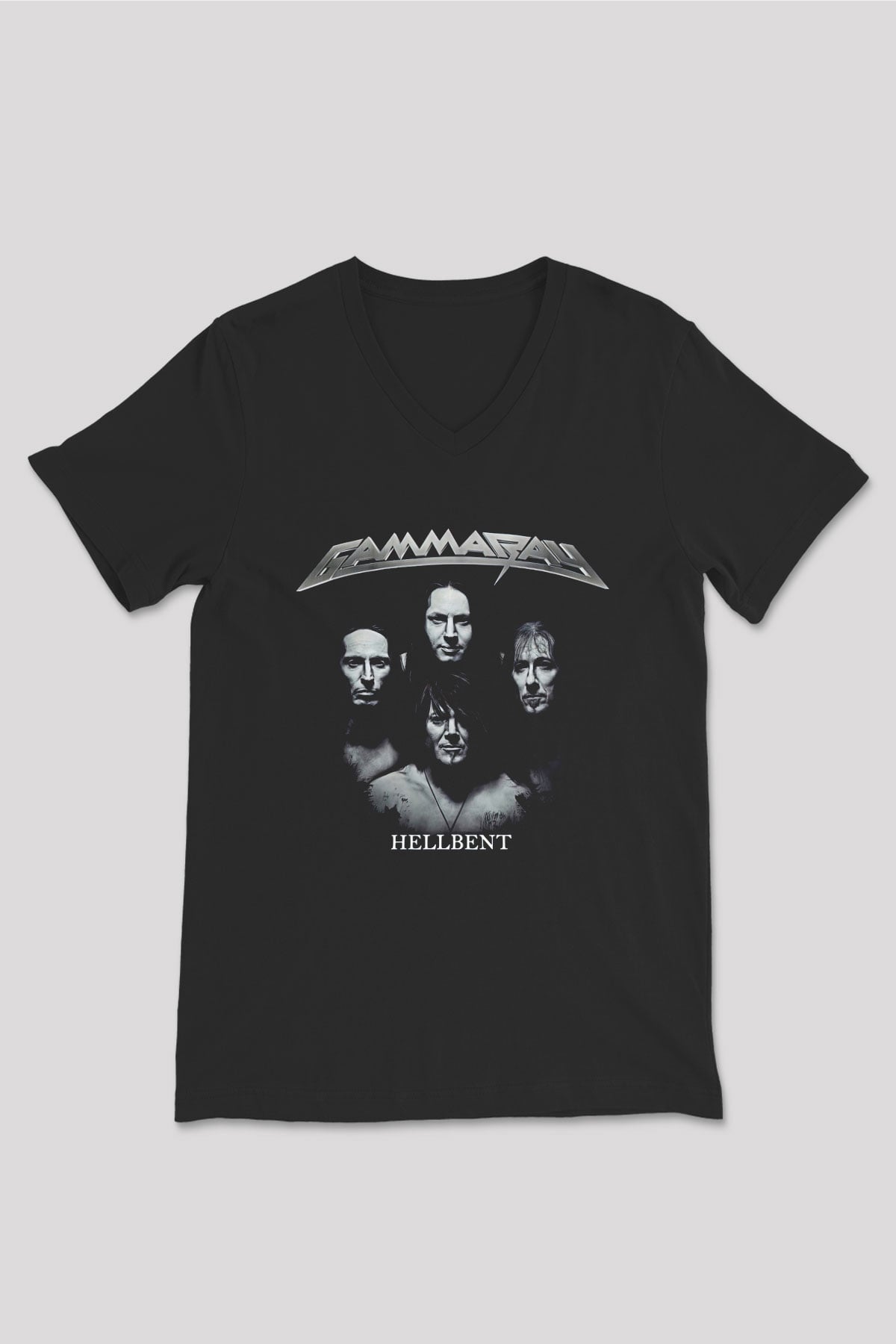 Gammaray Baskılı Unisex Siyah V Yaka Tişört - Tshirt