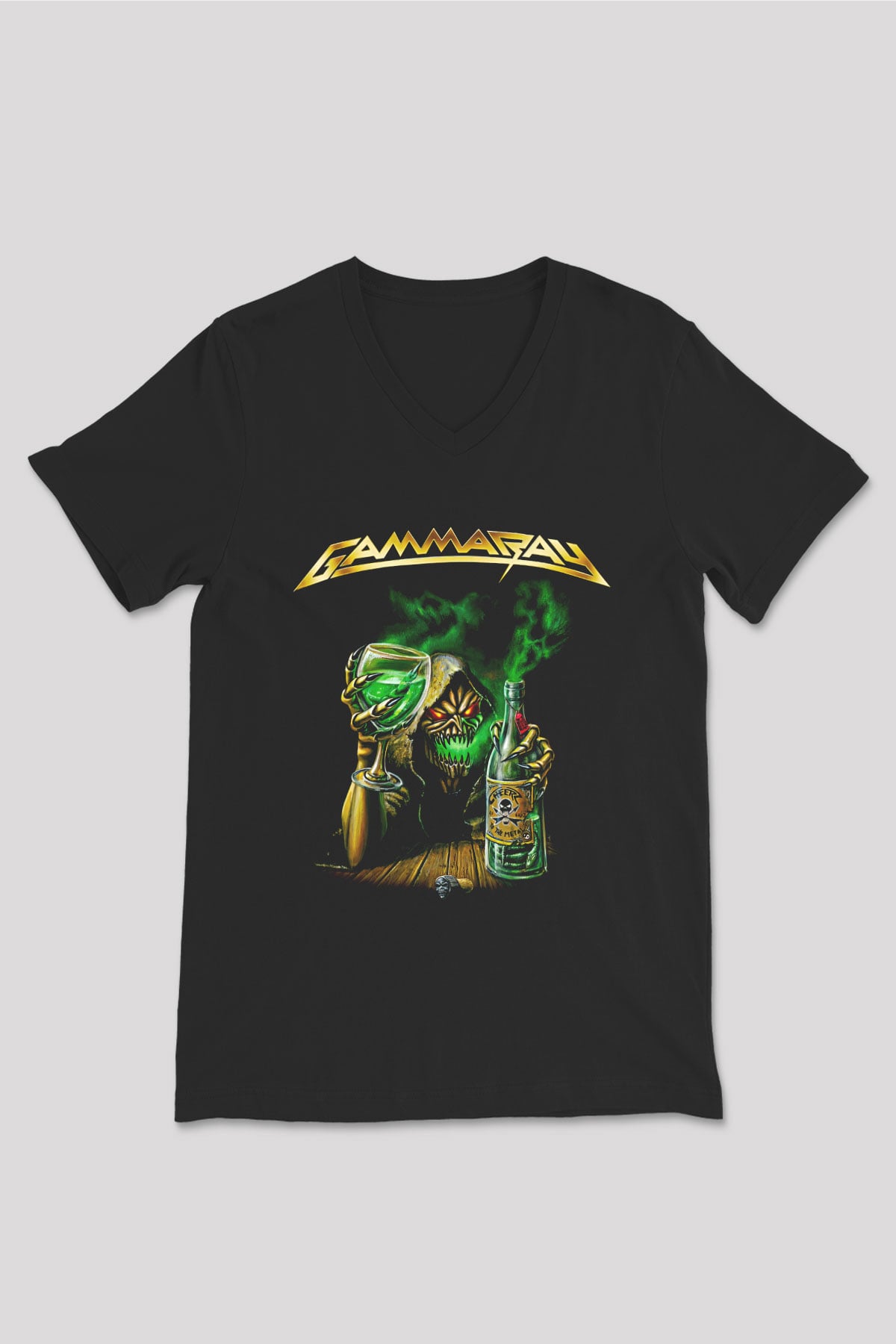 Gammaray Baskılı Unisex Siyah V Yaka Tişört - Tshirt